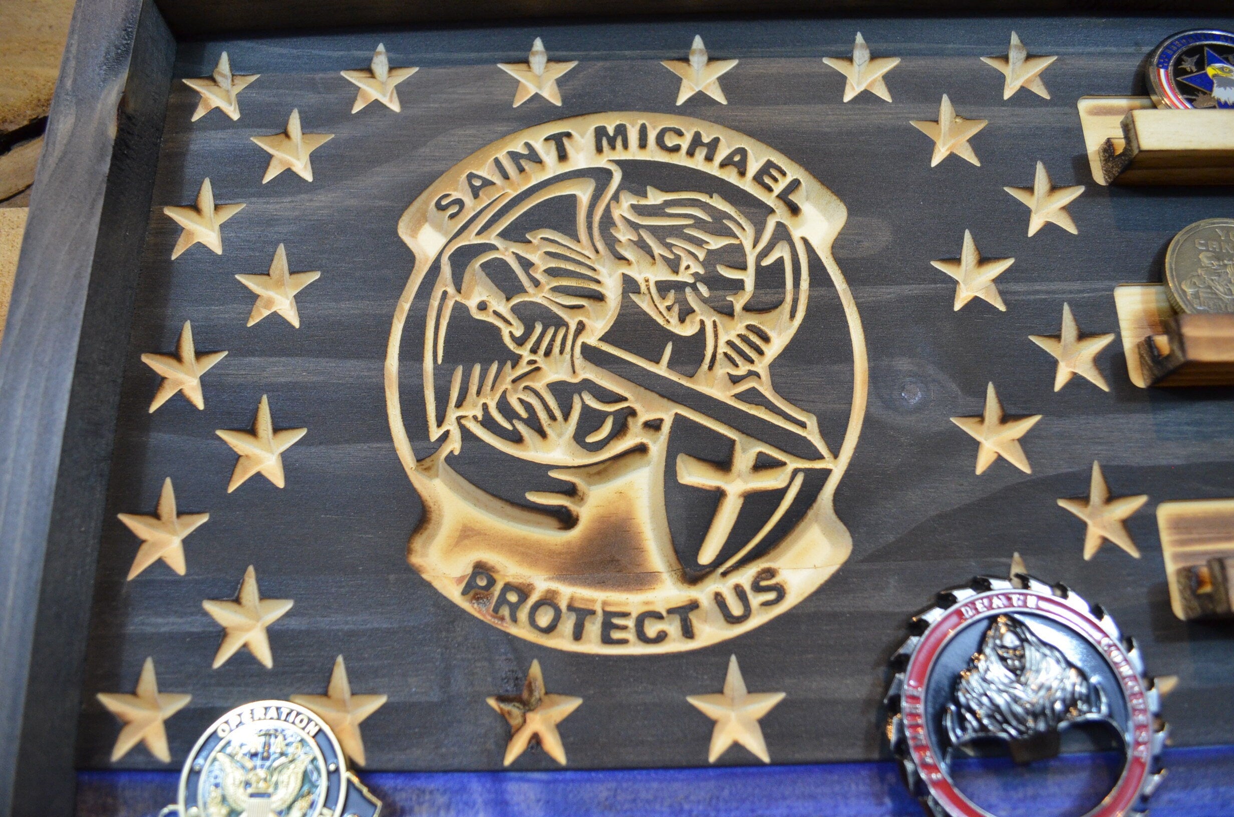 Saint Michael Thin Blue Line Coin Display Rack Holder - Rustic Police American Flag Coin Display