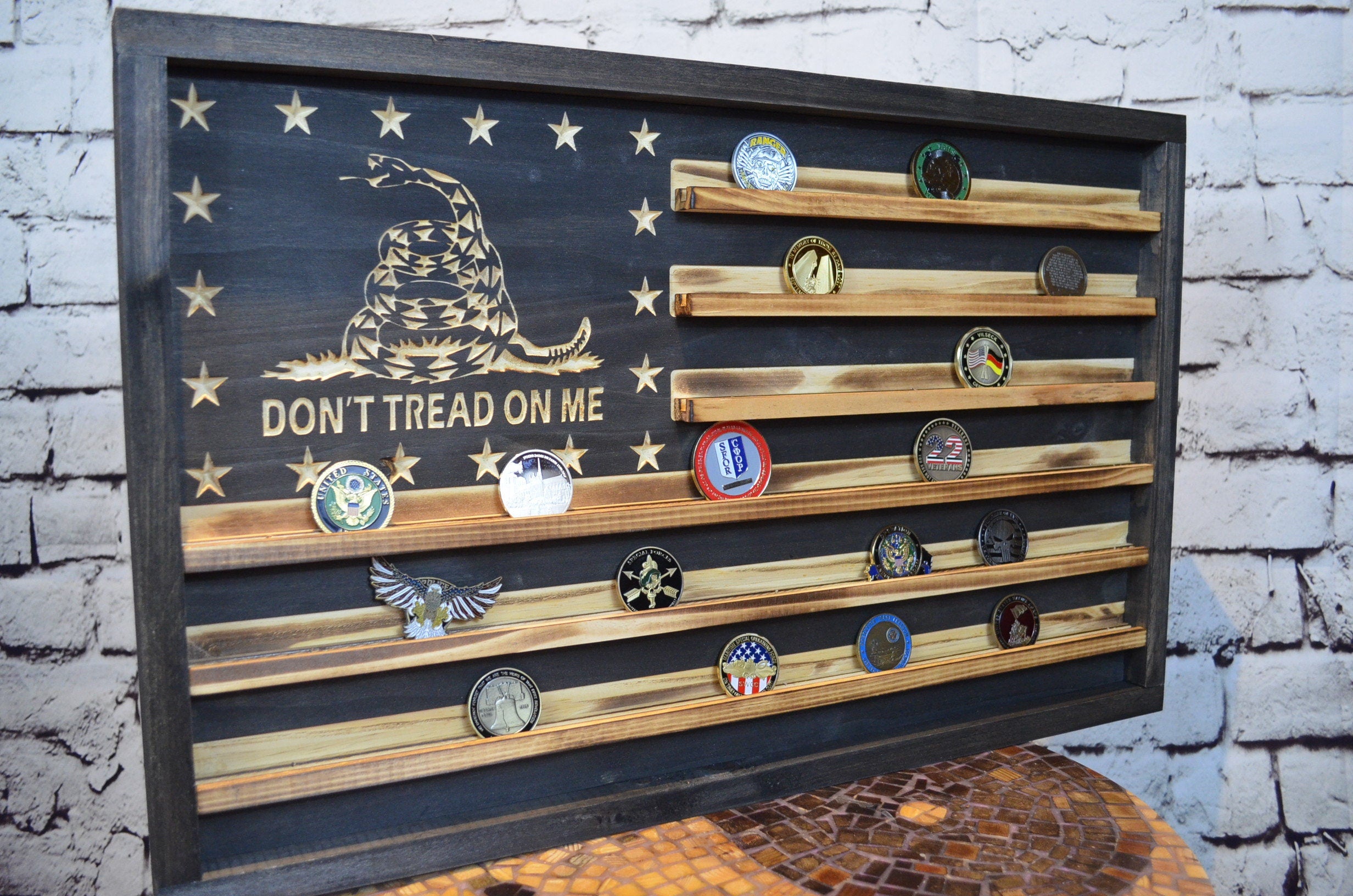 Rustic Gadsden Rattle Snake Challenge Coin Flag Display Rack Holder - Rustic Gadsden American Flag - Military and Police Coin Display