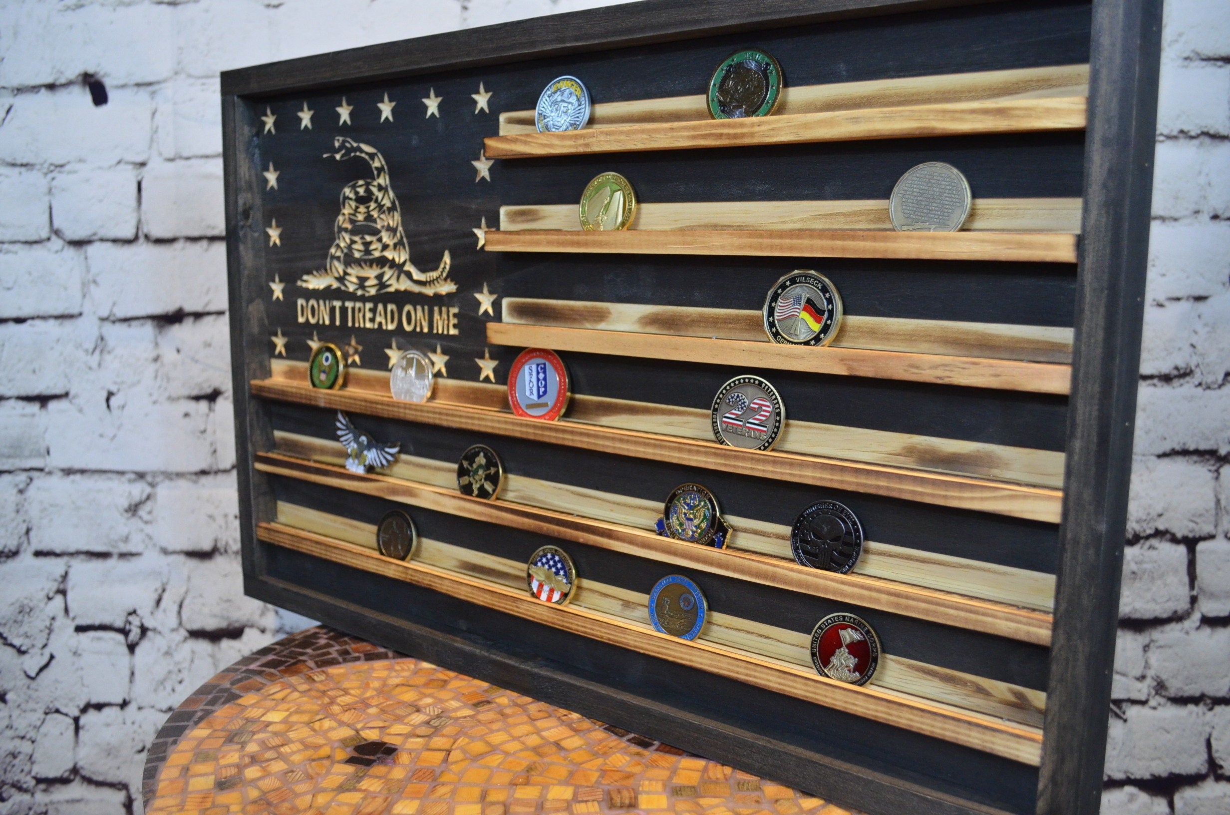 Rustic Gadsden Rattle Snake Challenge Coin Flag Display Rack Holder - Rustic Gadsden American Flag - Military and Police Coin Display