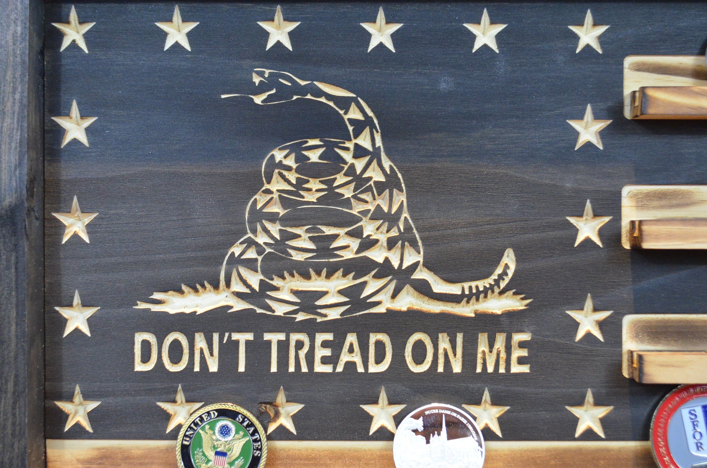 Rustic Gadsden Rattle Snake Challenge Coin Flag Display Rack Holder - Rustic Gadsden American Flag - Military and Police Coin Display