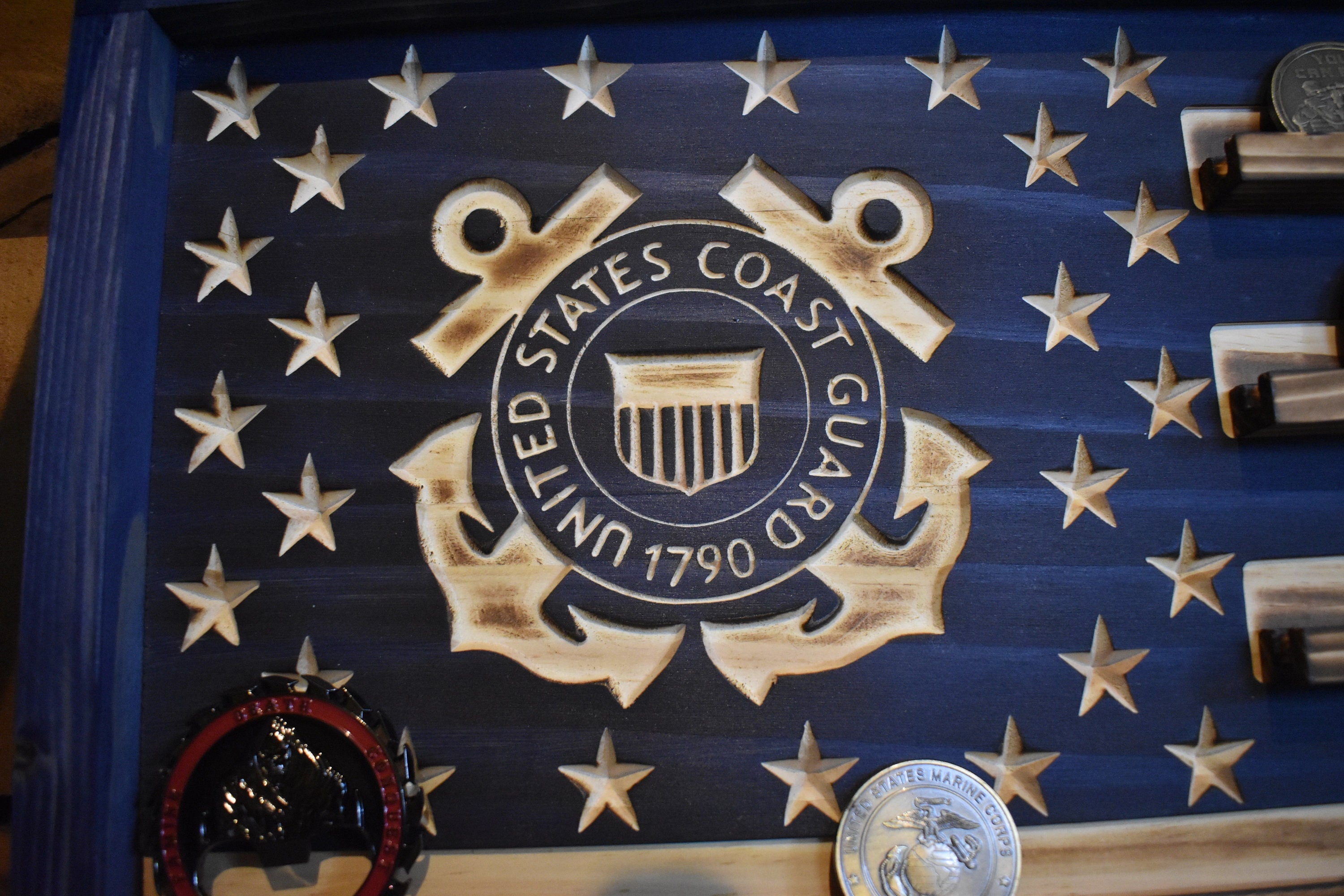 US Coast Guard Challenge Coin Display Rack Holder - Rustic Coast Guard American Flag - Military Coin Display