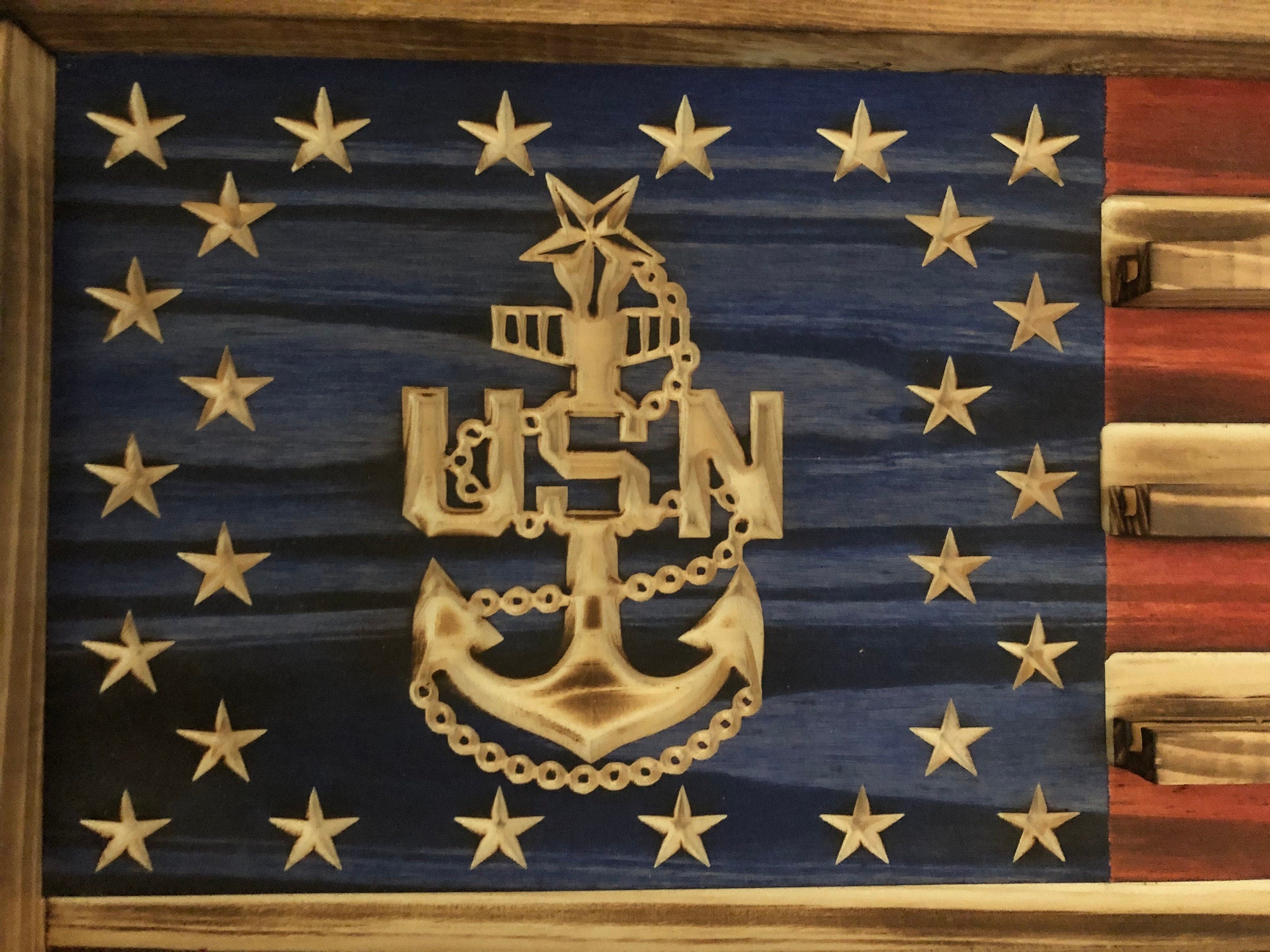 US Navy Chief Challenge Coin Display Rack Holder - Rustic Navy Chief American Flag - US Military Coin Display