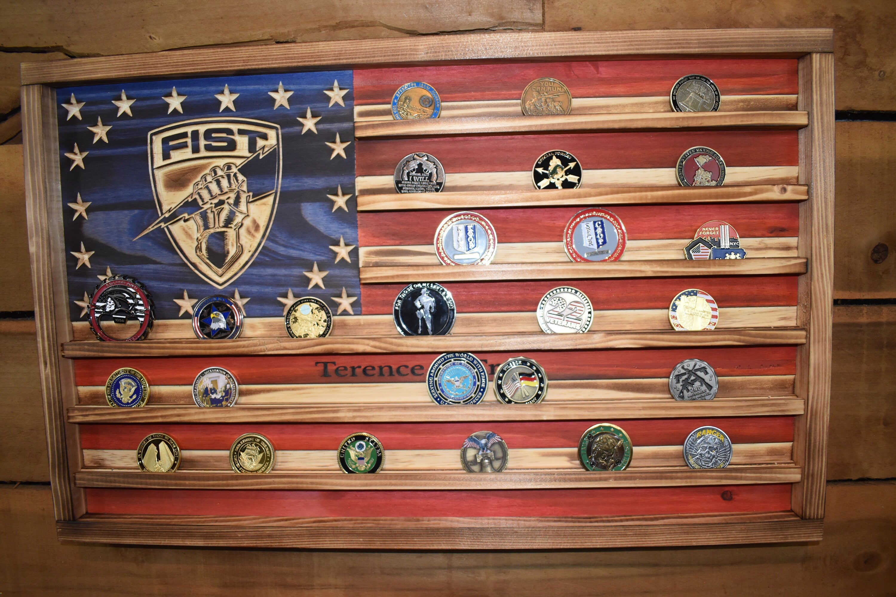 FiSTers Challenge Coin Display Rack Holder - Rustic FIST Army American Flag - Military Coin Display
