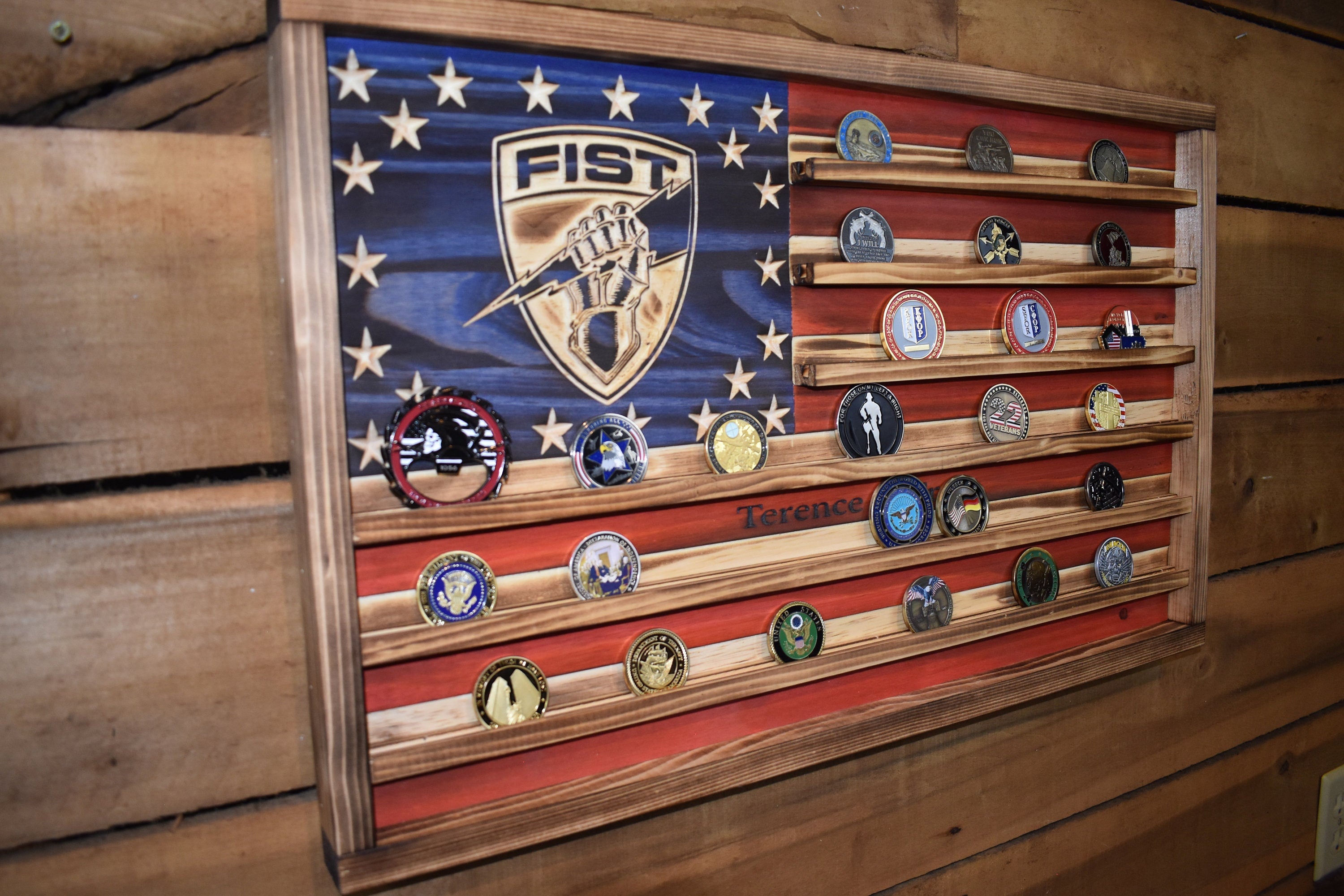 FiSTers Challenge Coin Display Rack Holder - Rustic FIST Army American Flag - Military Coin Display