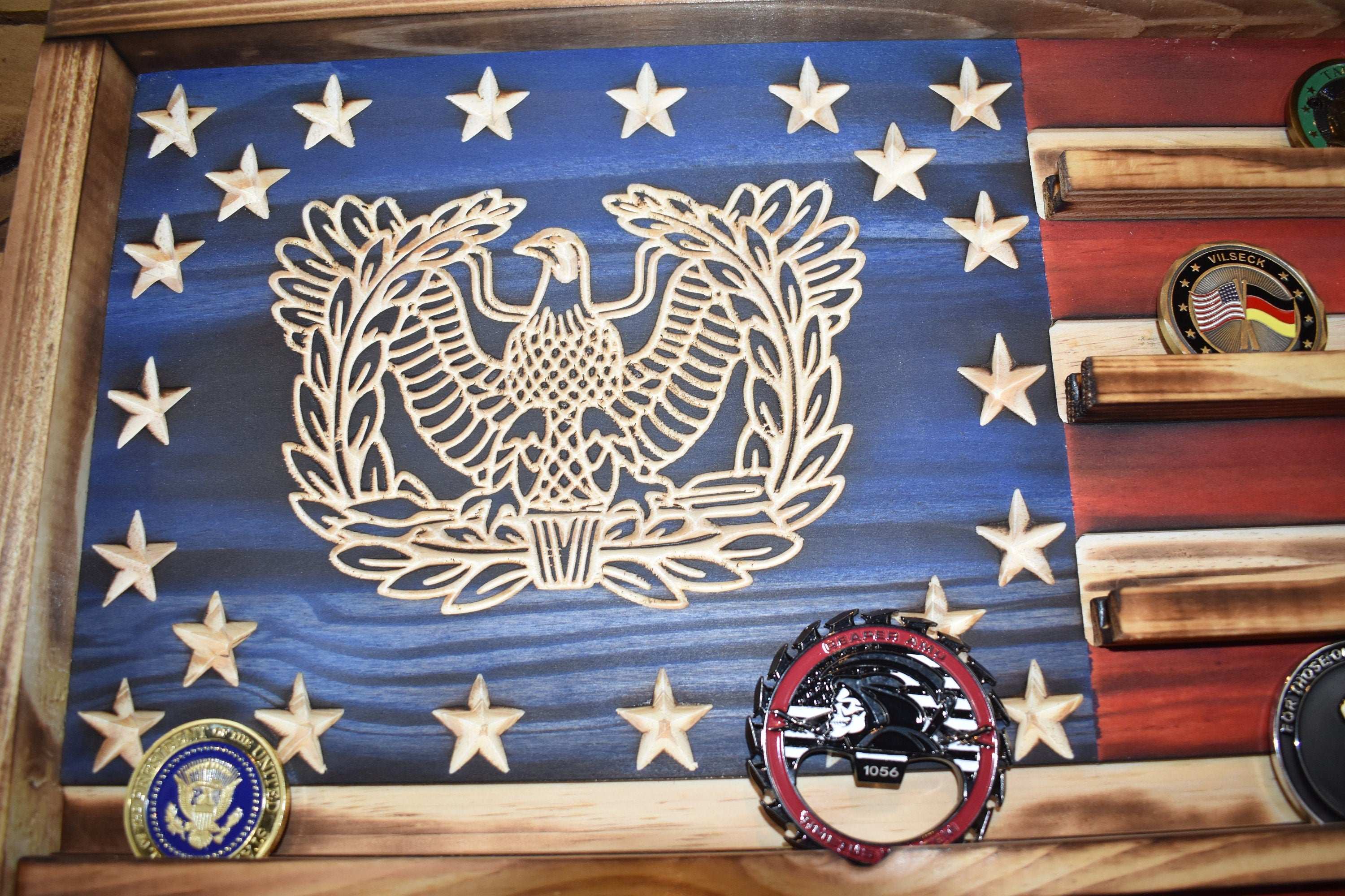 US Army Warrant Officer Challenge Coin Display Rack Holder - Rustic US Army American Flag - Military Coin Display
