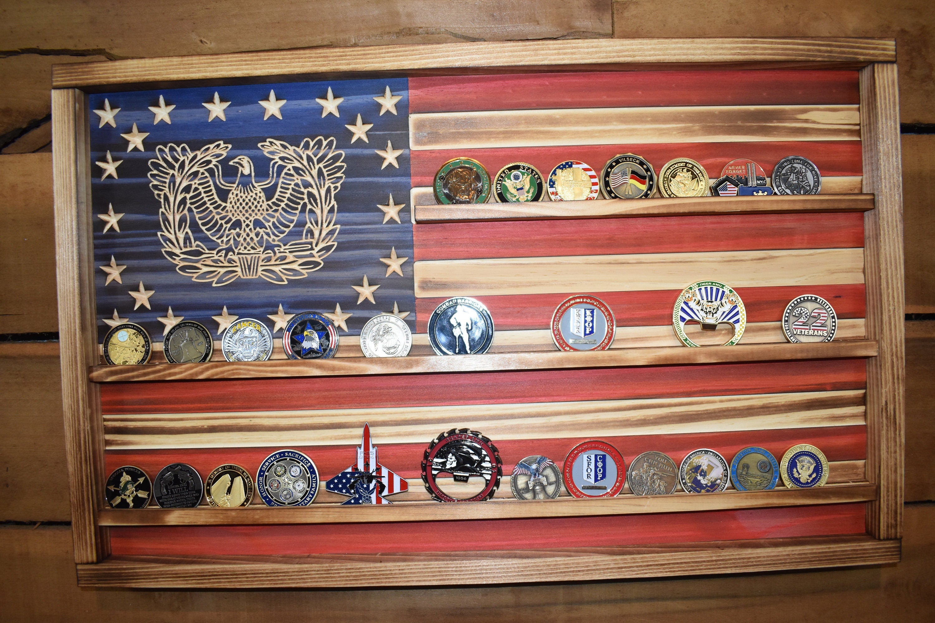 US Army Warrant Officer Challenge Coin Display Rack Holder - Rustic US Army American Flag - Military Coin Display