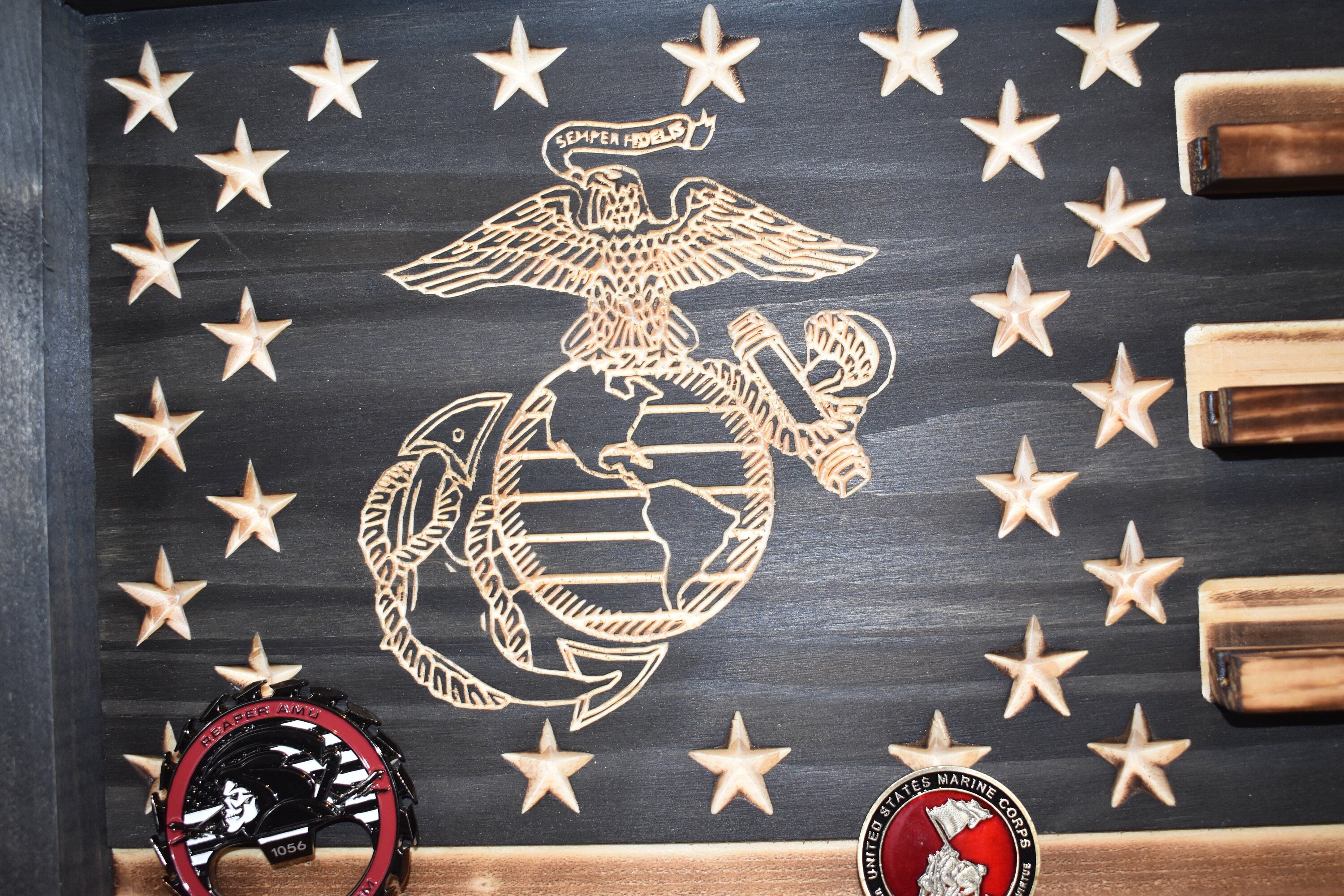 US Marines Challenge Coin Display Rack Holder - Rustic Marines American Flag - Military Coin Display - Semper Fi
