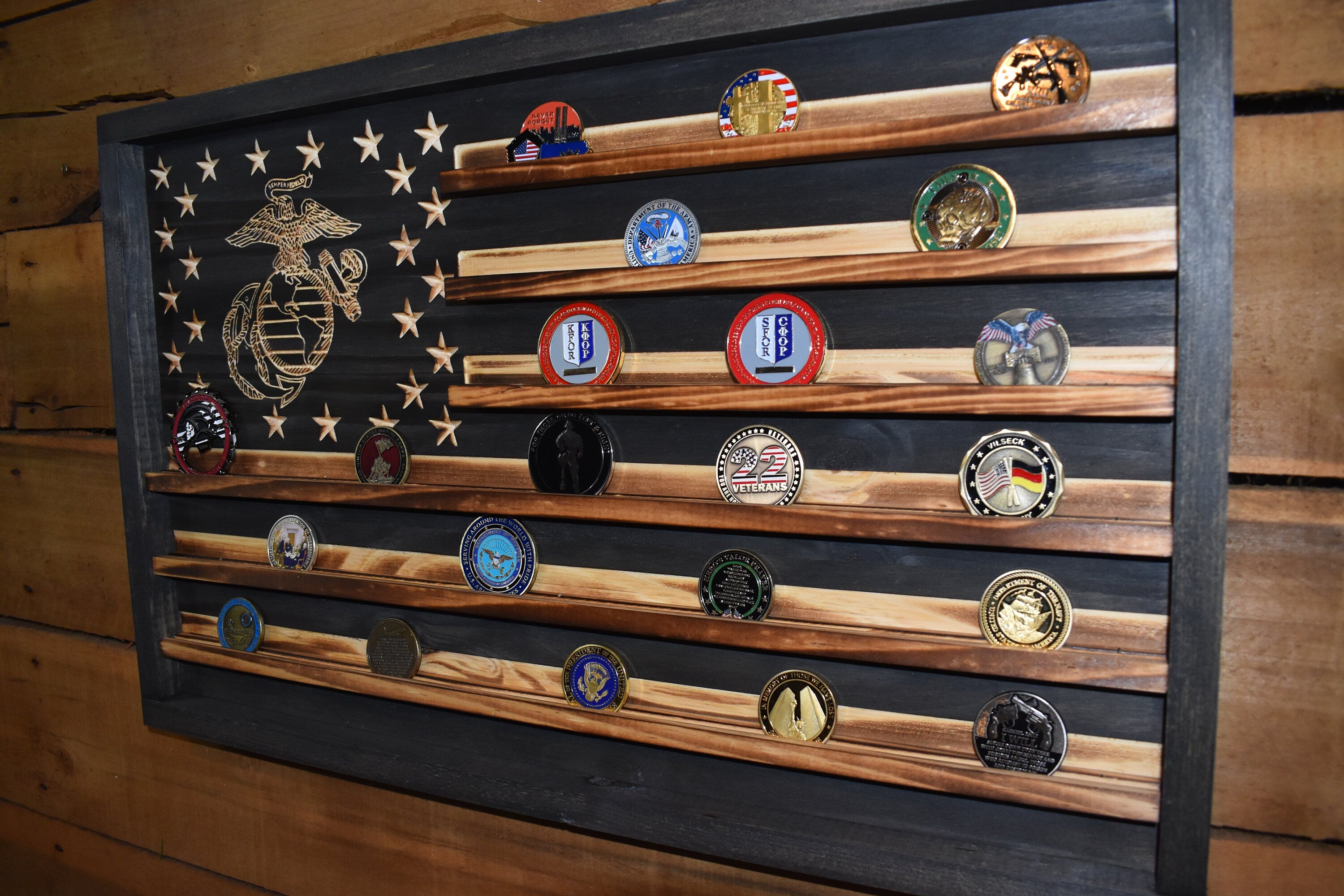 US Marines Challenge Coin Display Rack Holder - Rustic Marines American Flag - Military Coin Display - Semper Fi