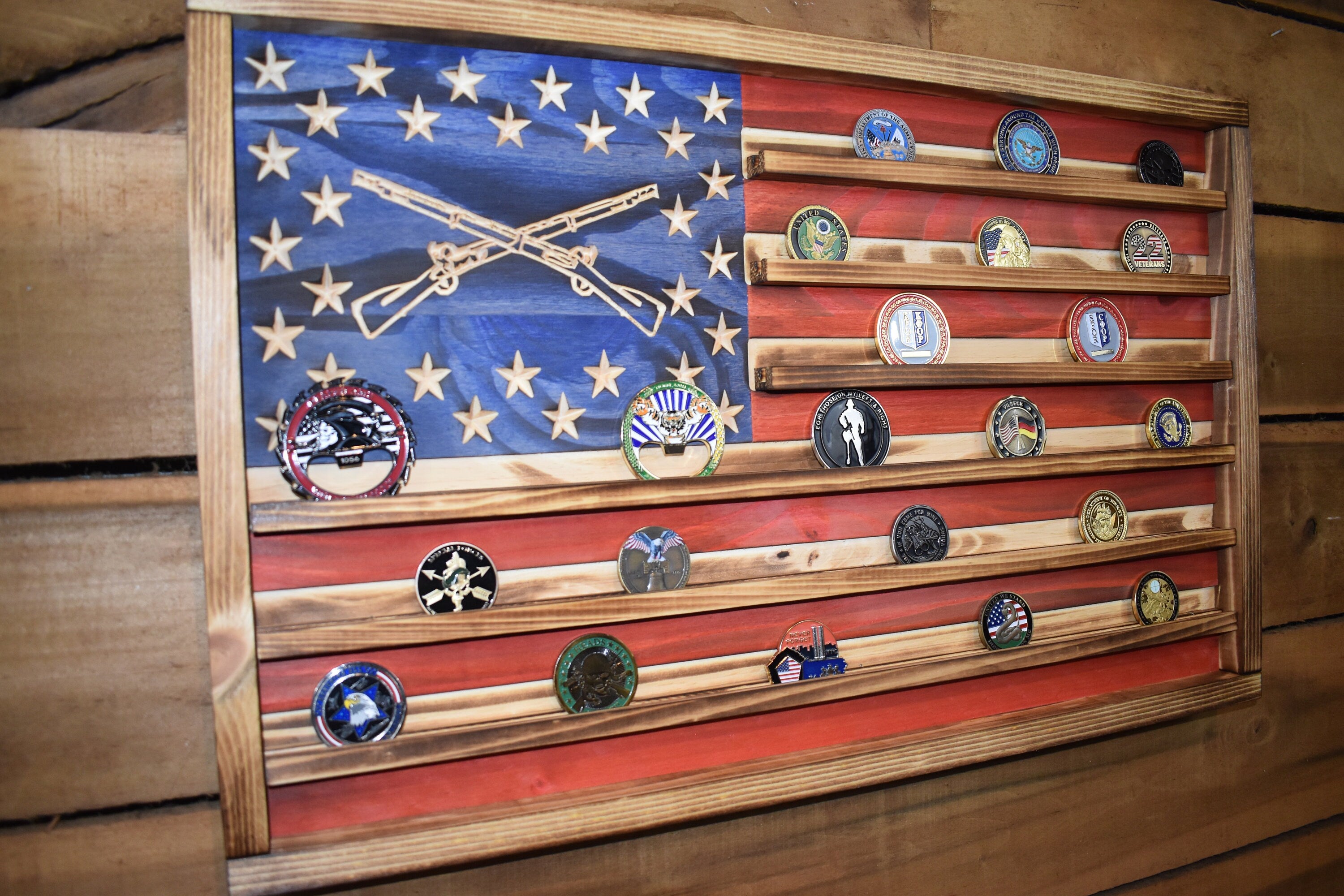 US Army Infantry Challenge Coin Display Rack Holder - Rustic American Flag - Cavalry Coin Display