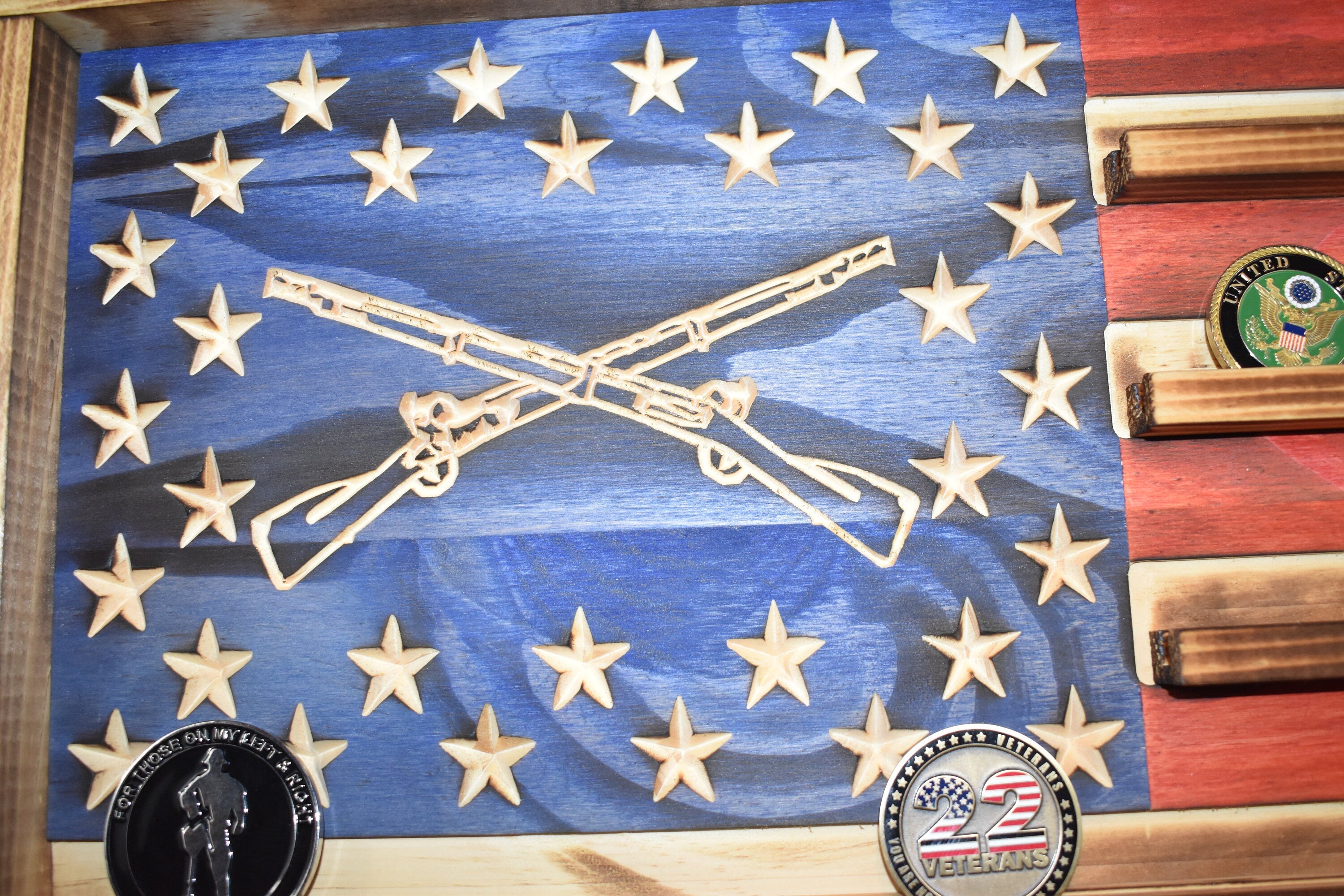 US Army Infantry Challenge Coin Display Rack Holder - Rustic American Flag - Cavalry Coin Display