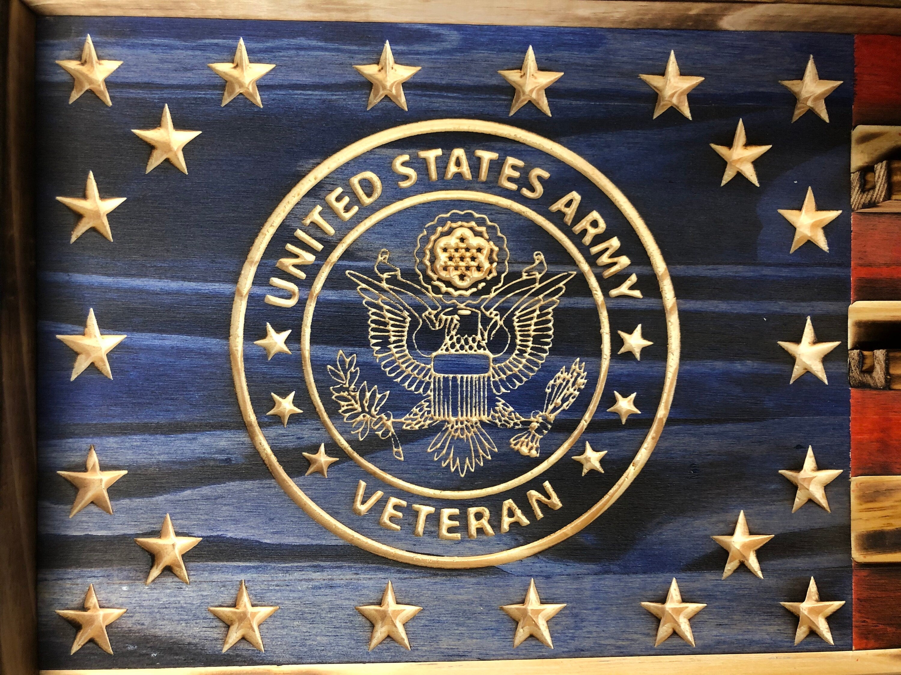US Army Infantry Challenge Coin Display Rack Holder - Rustic American Flag - Cavalry Coin Display