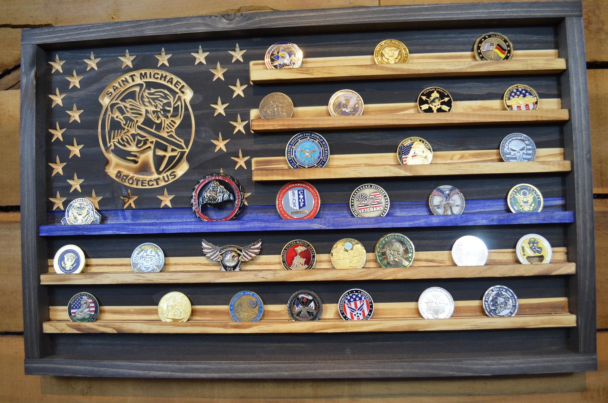 Saint Michael Thin Blue Line Coin Display Rack Holder - Rustic Police American Flag Coin Display