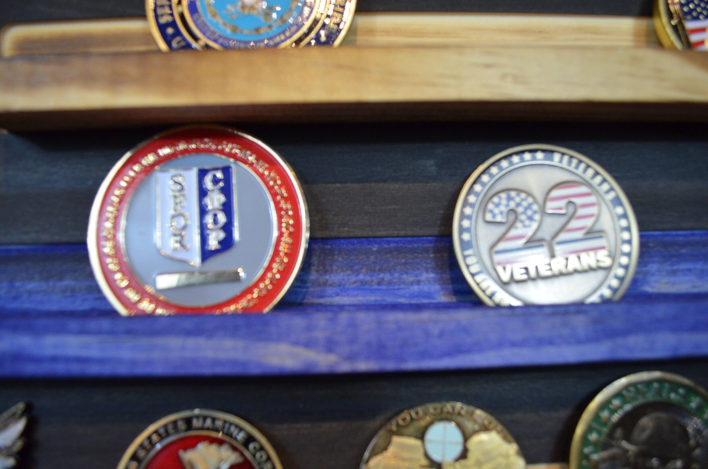 Saint Michael Thin Blue Line Coin Display Rack Holder - Rustic Police American Flag Coin Display