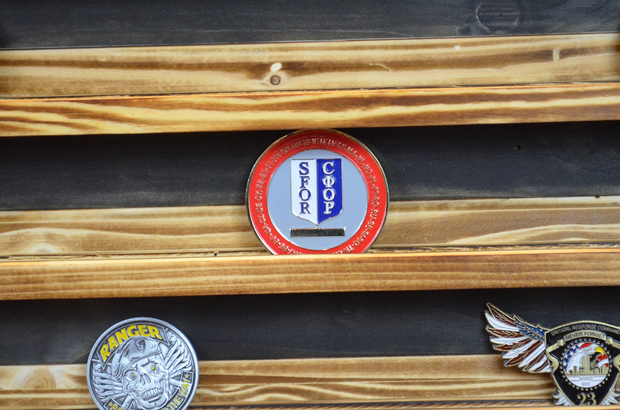 FiSTers Challenge Coin Display Rack Holder - Rustic FIST Army American Flag - Military Coin Display