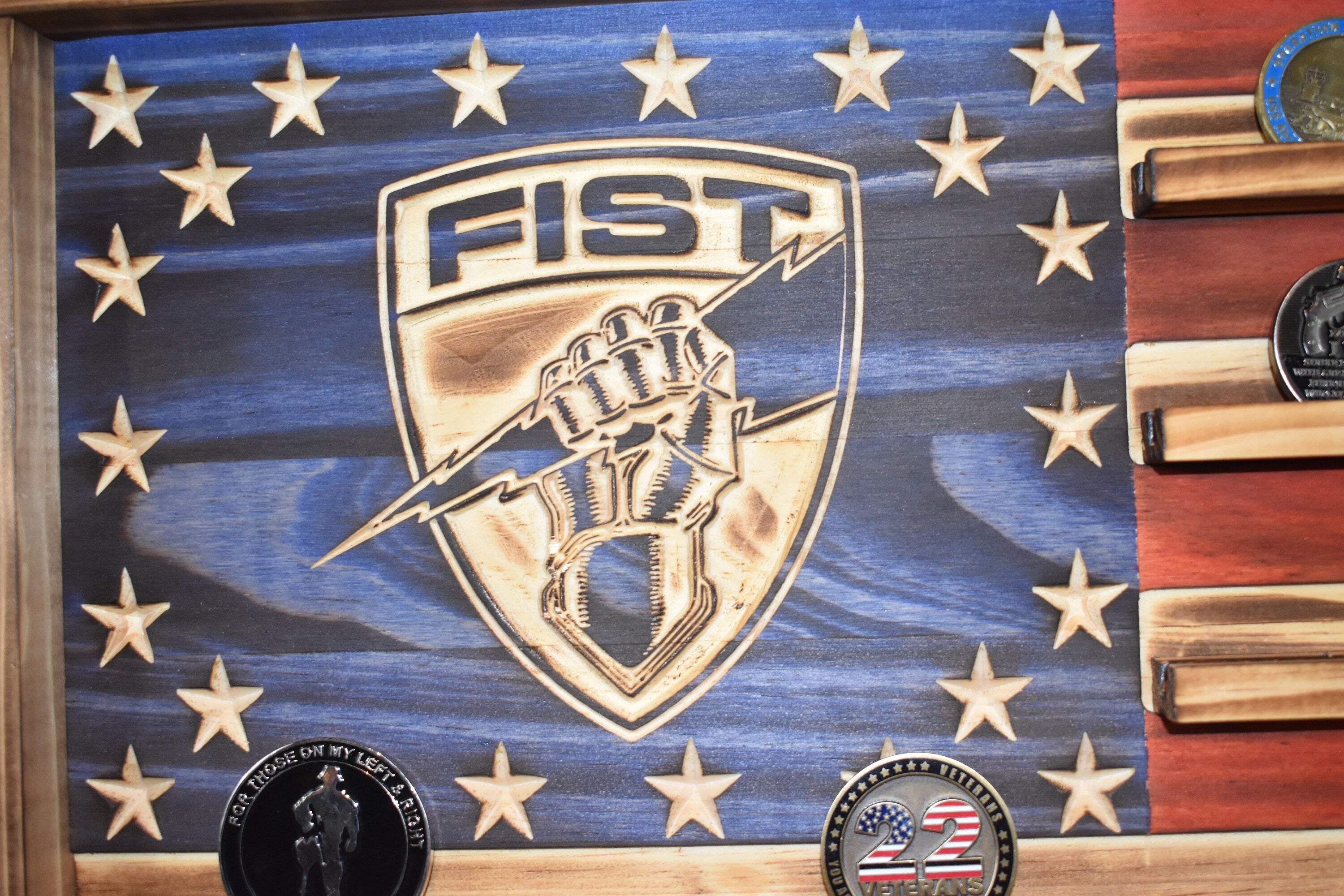 FiSTers Challenge Coin Display Rack Holder - Rustic FIST Army American Flag - Military Coin Display