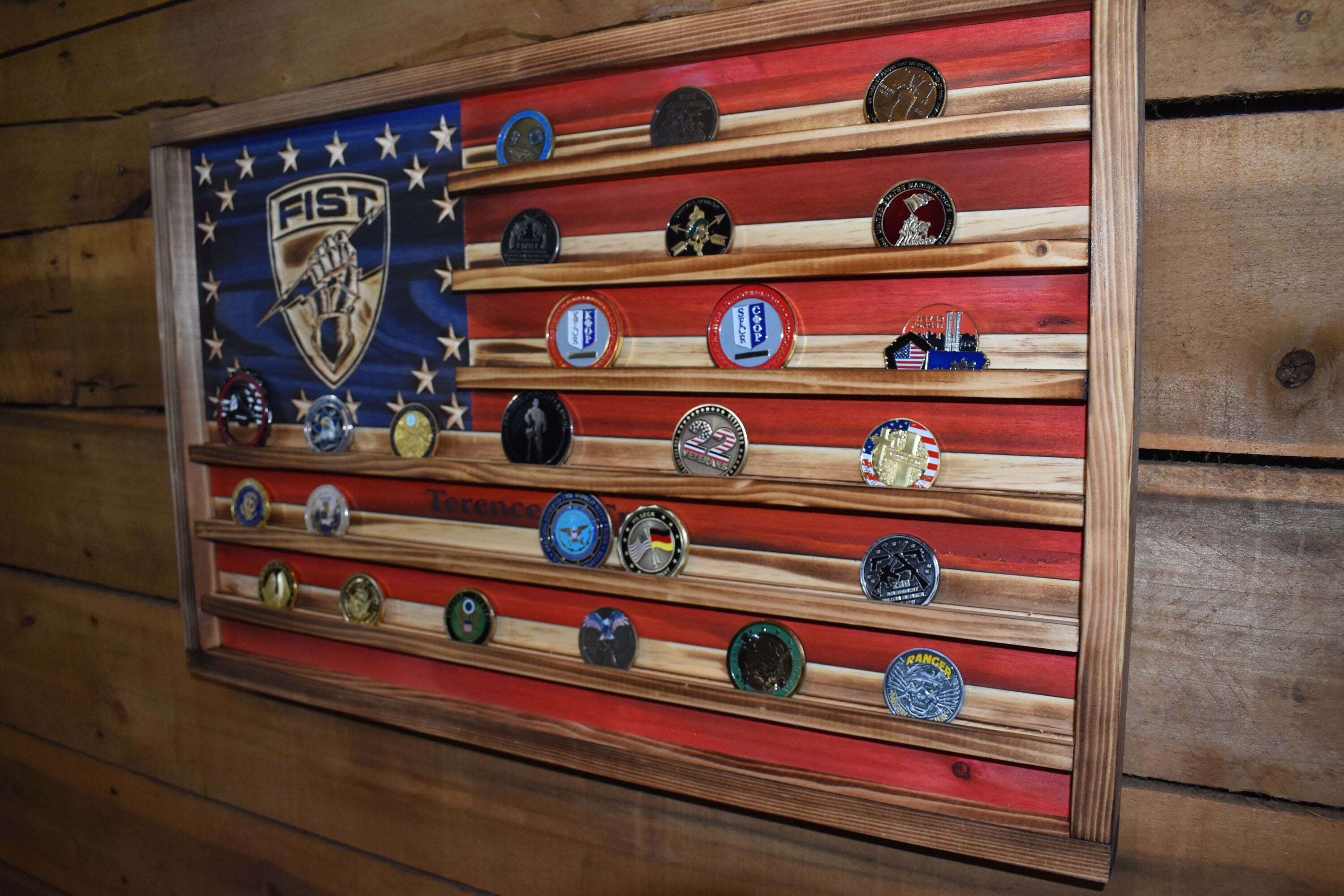 FiSTers Challenge Coin Display Rack Holder - Rustic FIST Army American Flag - Military Coin Display