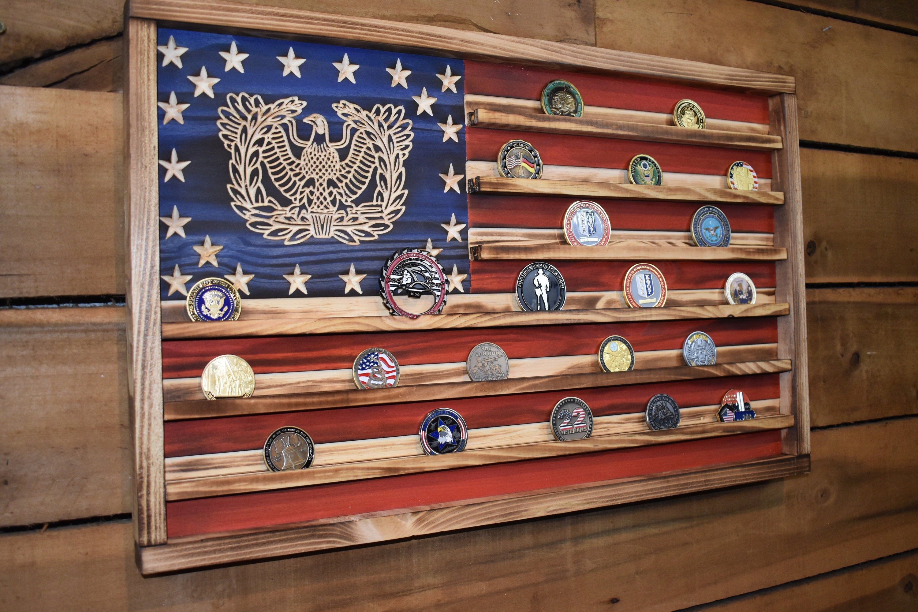 US Army Warrant Officer Challenge Coin Display Rack Holder - Rustic US Army American Flag - Military Coin Display