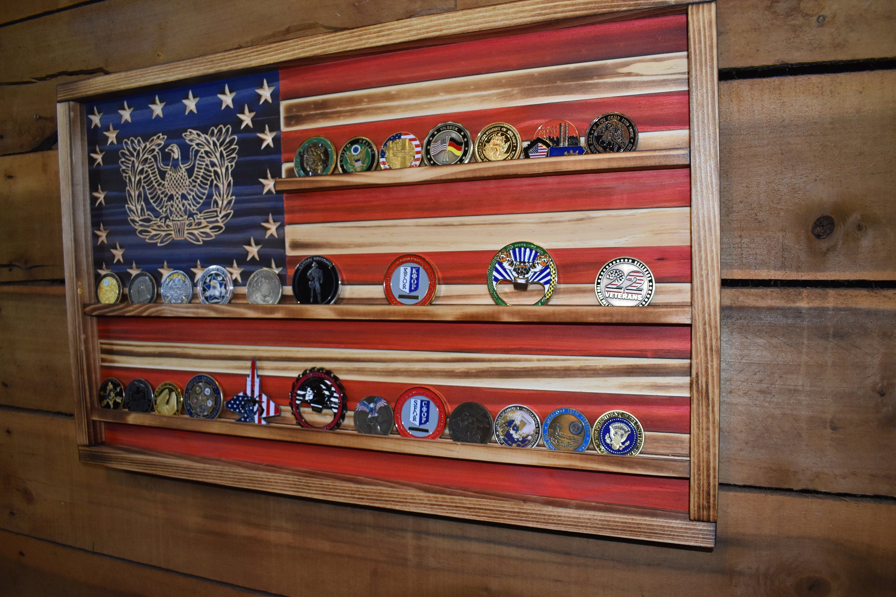 US Army Warrant Officer Challenge Coin Display Rack Holder - Rustic US Army American Flag - Military Coin Display