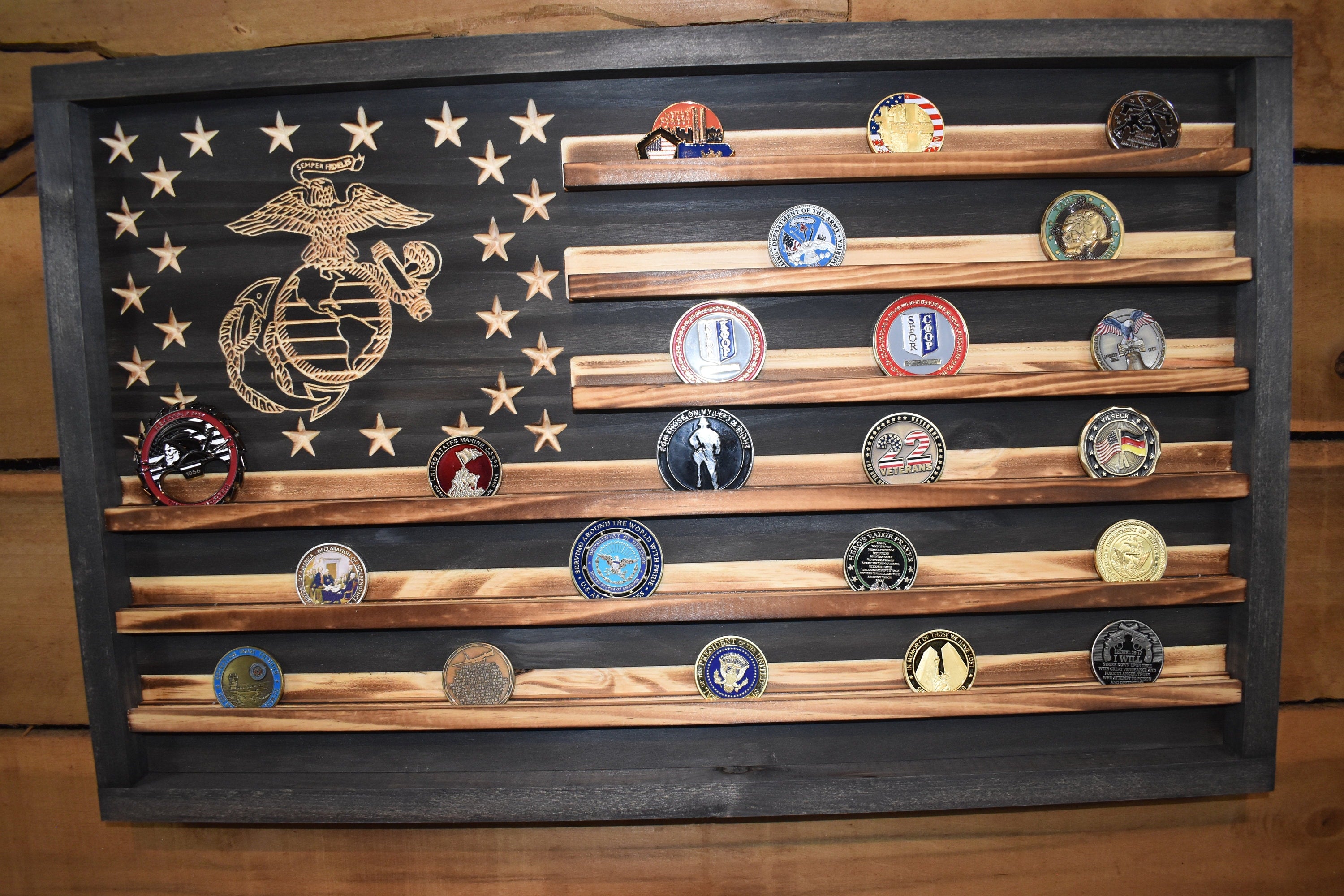 US Marines Challenge Coin Display Rack Holder - Rustic Marines American Flag - Military Coin Display - Semper Fi