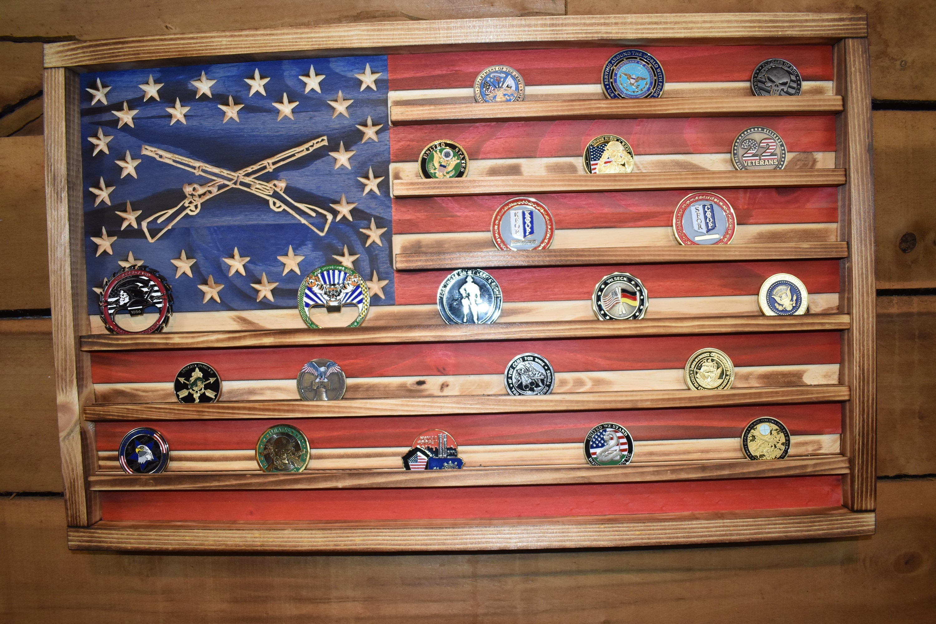 US Army Infantry Challenge Coin Display Rack Holder - Rustic American Flag - Cavalry Coin Display