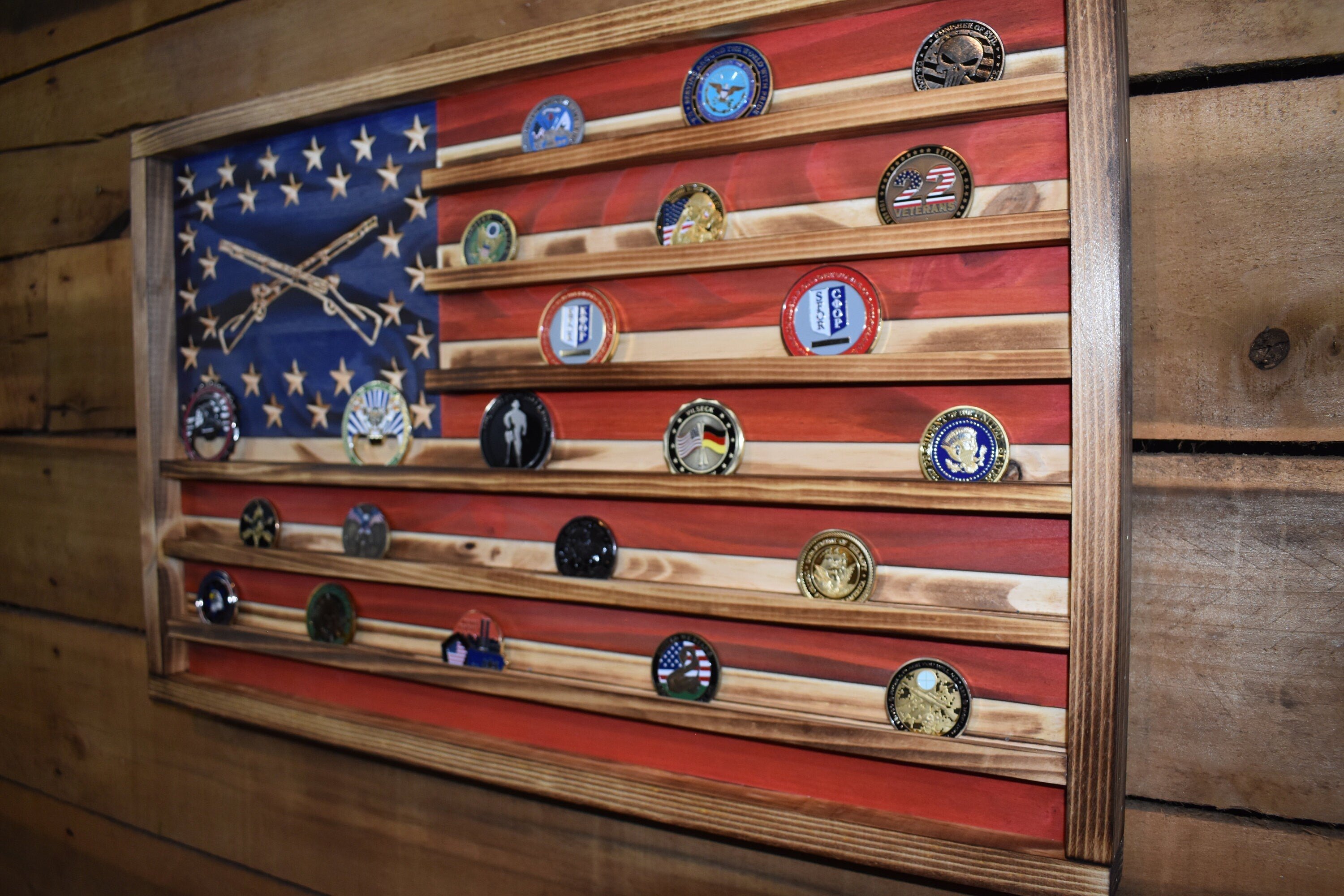 US Army Infantry Challenge Coin Display Rack Holder - Rustic American Flag - Cavalry Coin Display