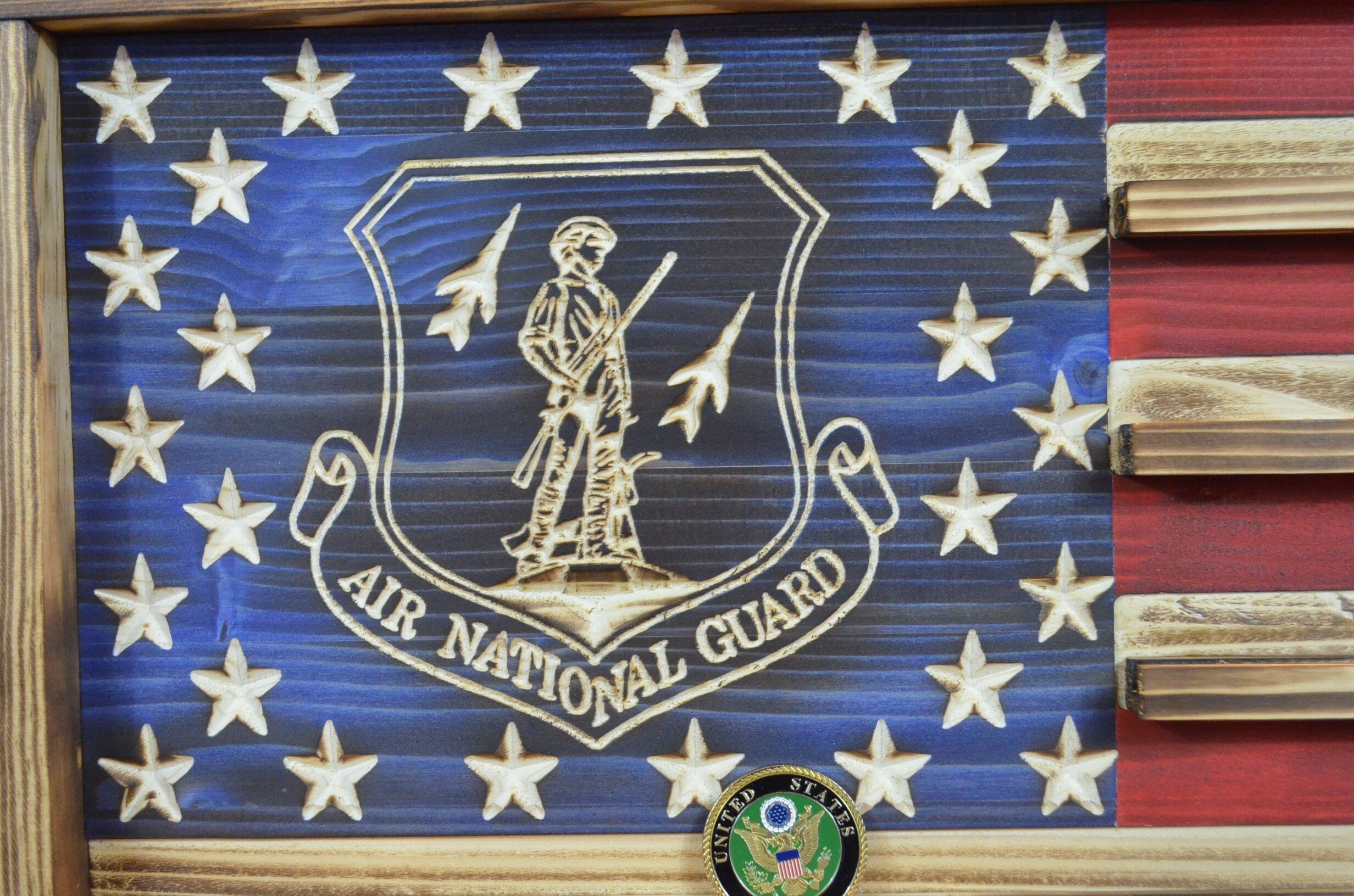 US Army Infantry Challenge Coin Display Rack Holder - Rustic American Flag - Cavalry Coin Display
