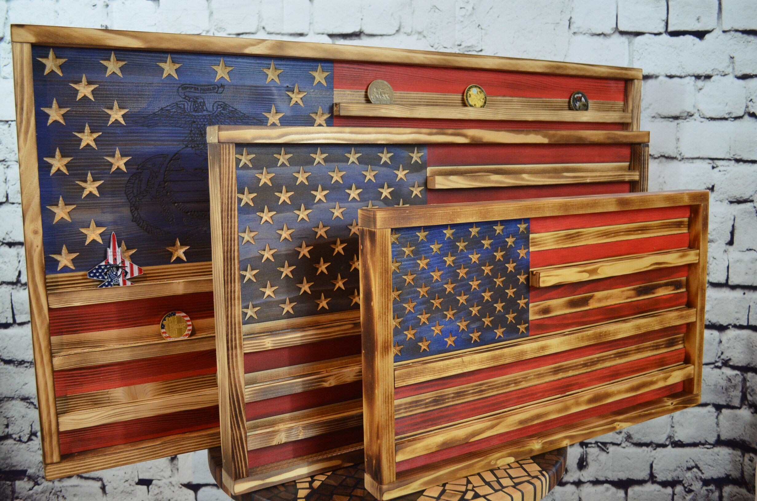 US Army Infantry Challenge Coin Display Rack Holder - Rustic American Flag - Cavalry Coin Display