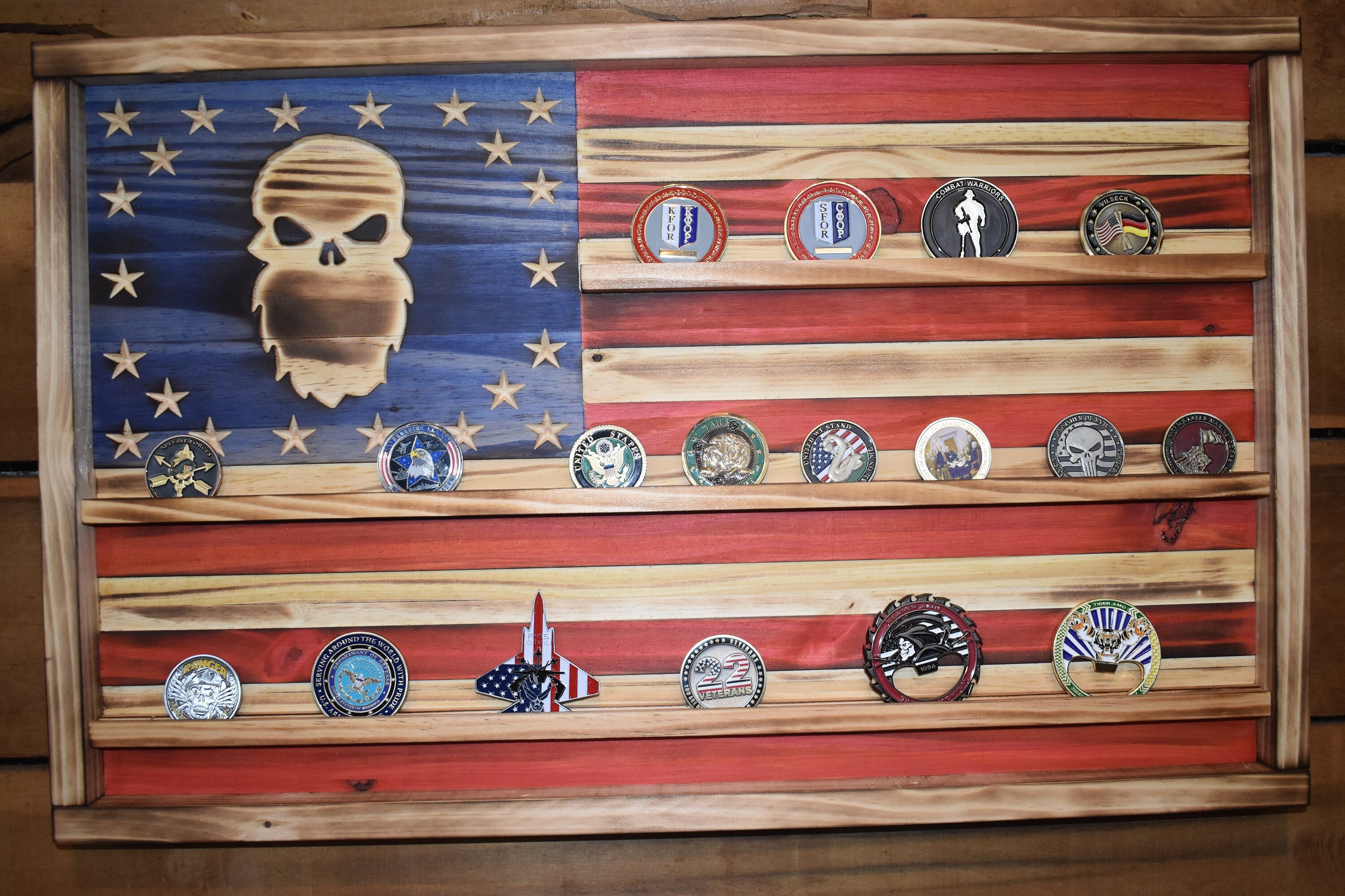 Special Forces Challenge Coin Display Rack Holder - Rustic American Flag - Military Bearded Skull Coin Display
