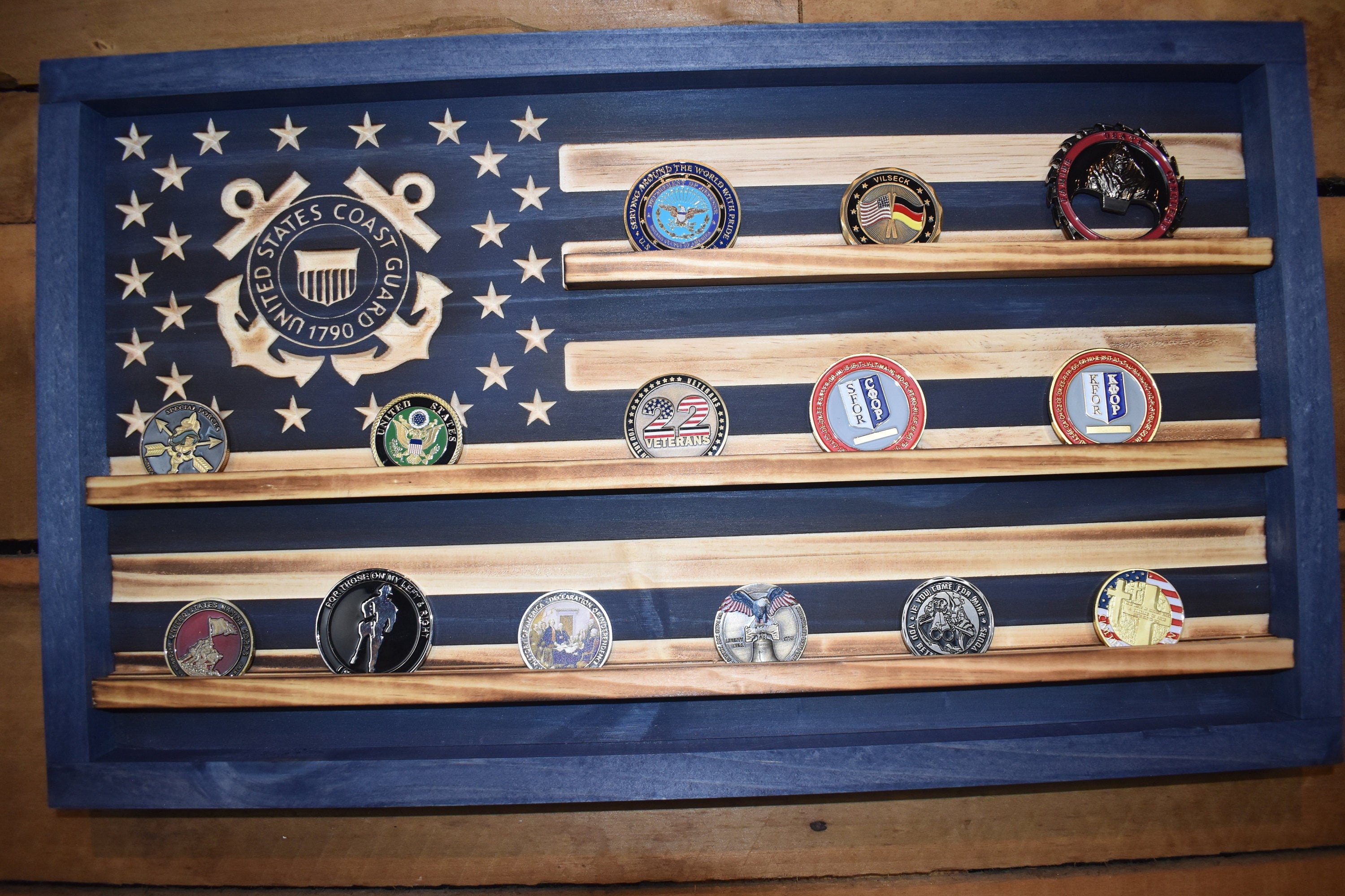 US Coast Guard Challenge Coin Display Rack Holder - Navy Blue Rustic Coast Guard American Flag - Military Coin Display