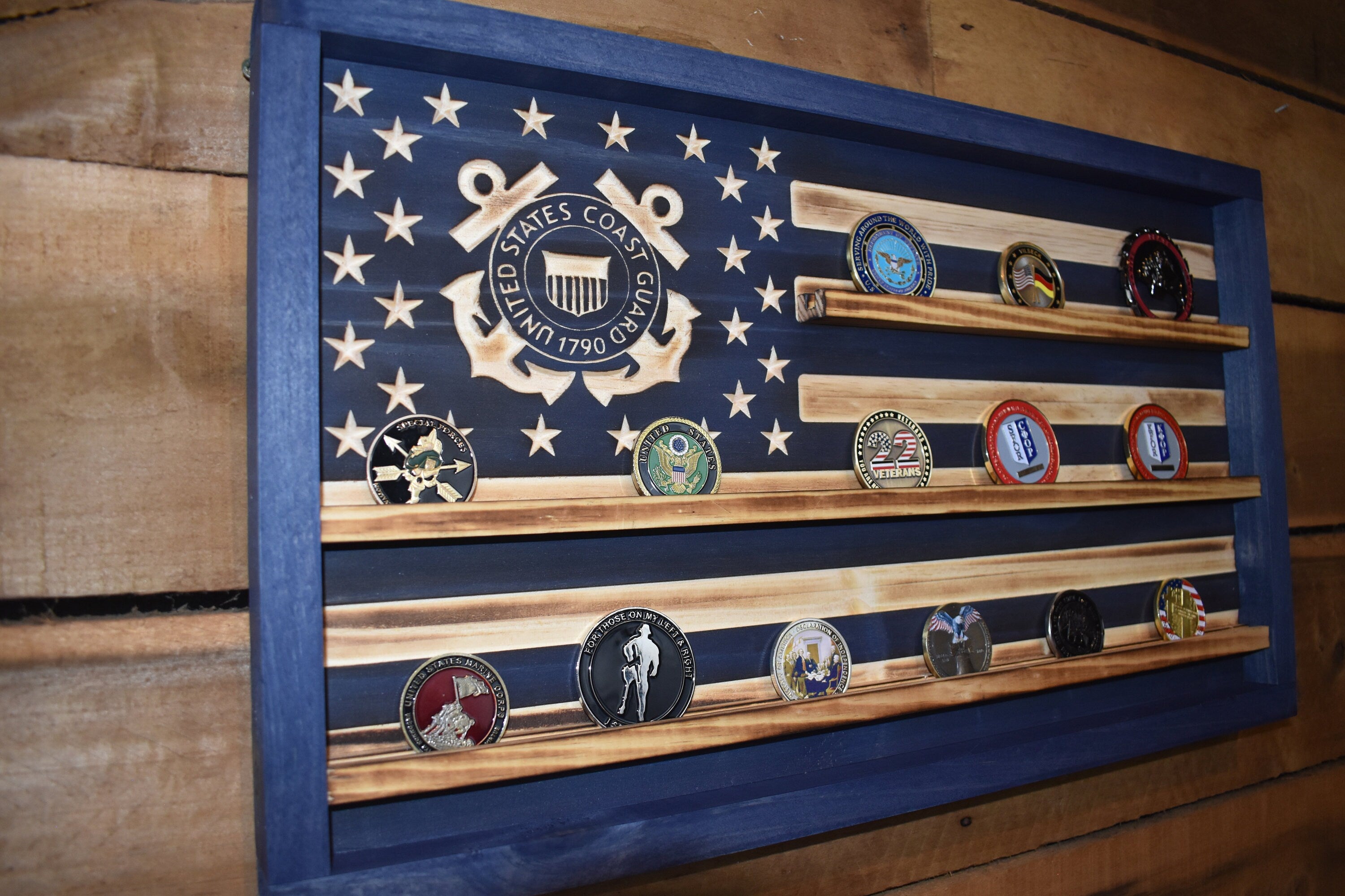 US Coast Guard Challenge Coin Display Rack Holder - Navy Blue Rustic Coast Guard American Flag - Military Coin Display