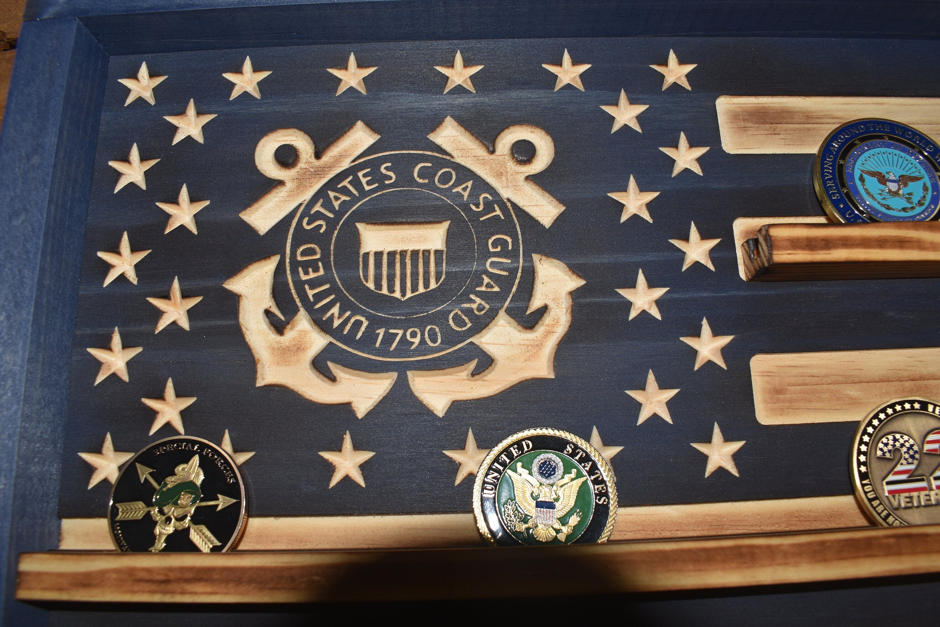 US Coast Guard Challenge Coin Display Rack Holder - Navy Blue Rustic Coast Guard American Flag - Military Coin Display