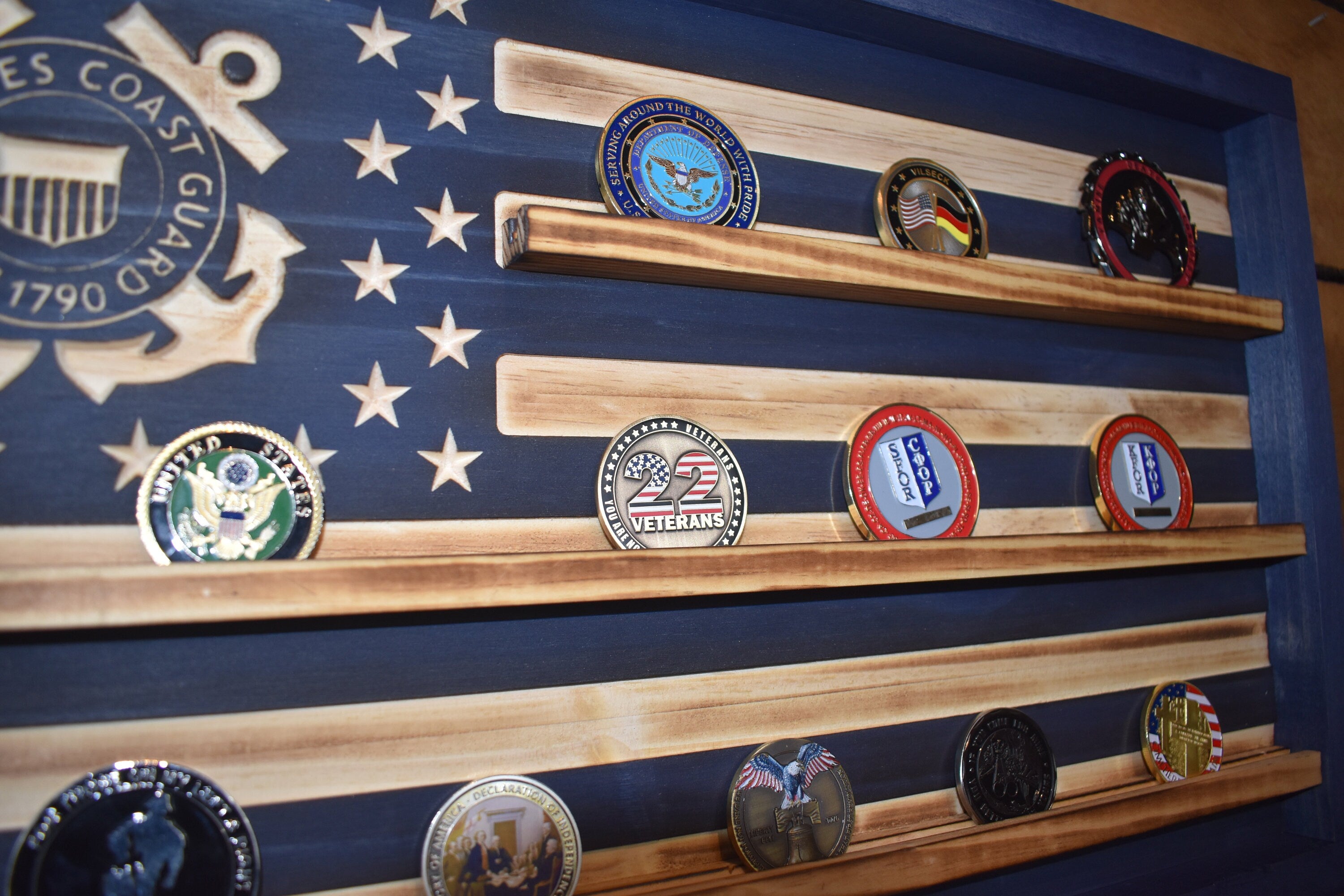 US Coast Guard Challenge Coin Display Rack Holder - Navy Blue Rustic Coast Guard American Flag - Military Coin Display