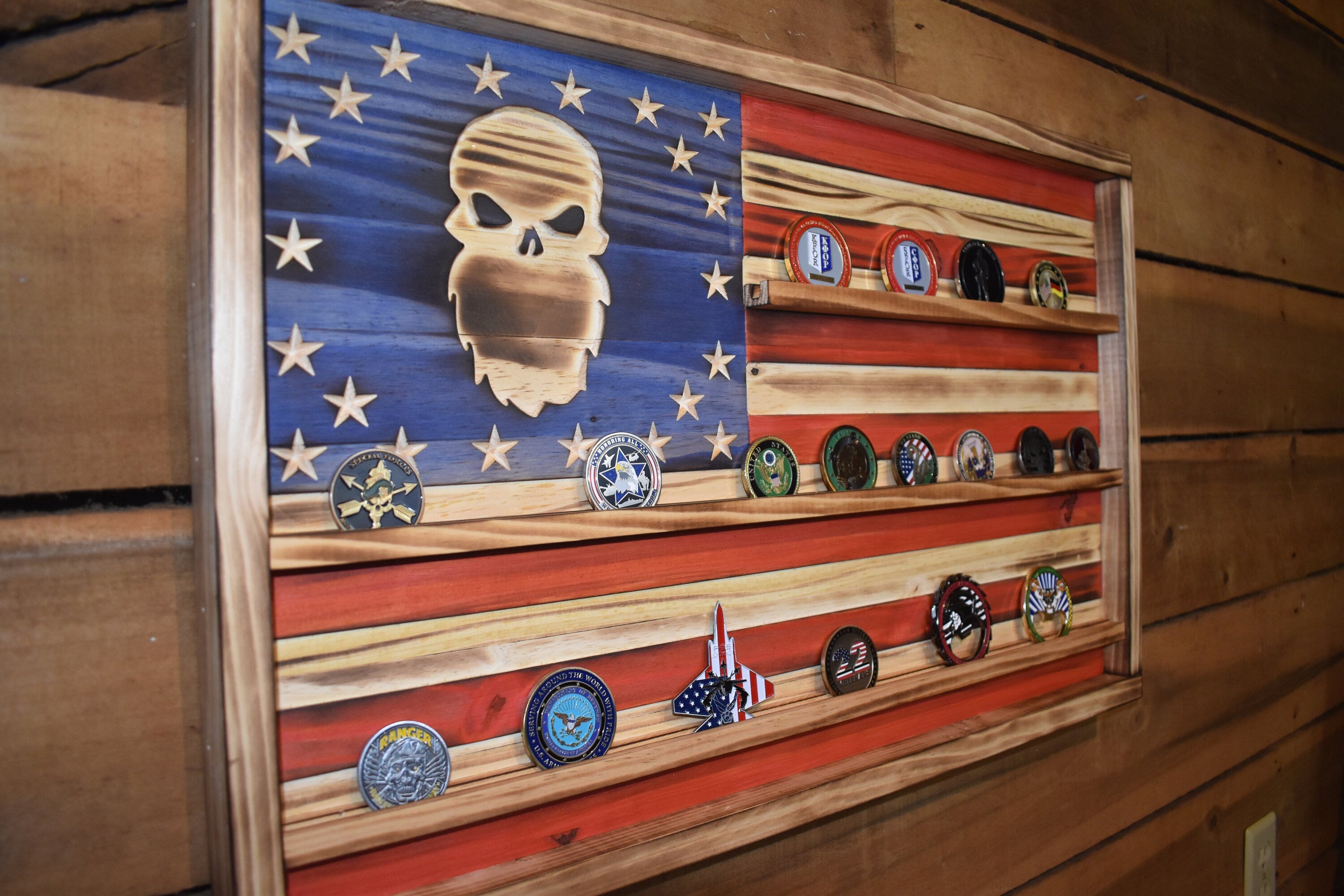 Special Forces Challenge Coin Display Rack Holder - Rustic American Flag - Military Bearded Skull Coin Display
