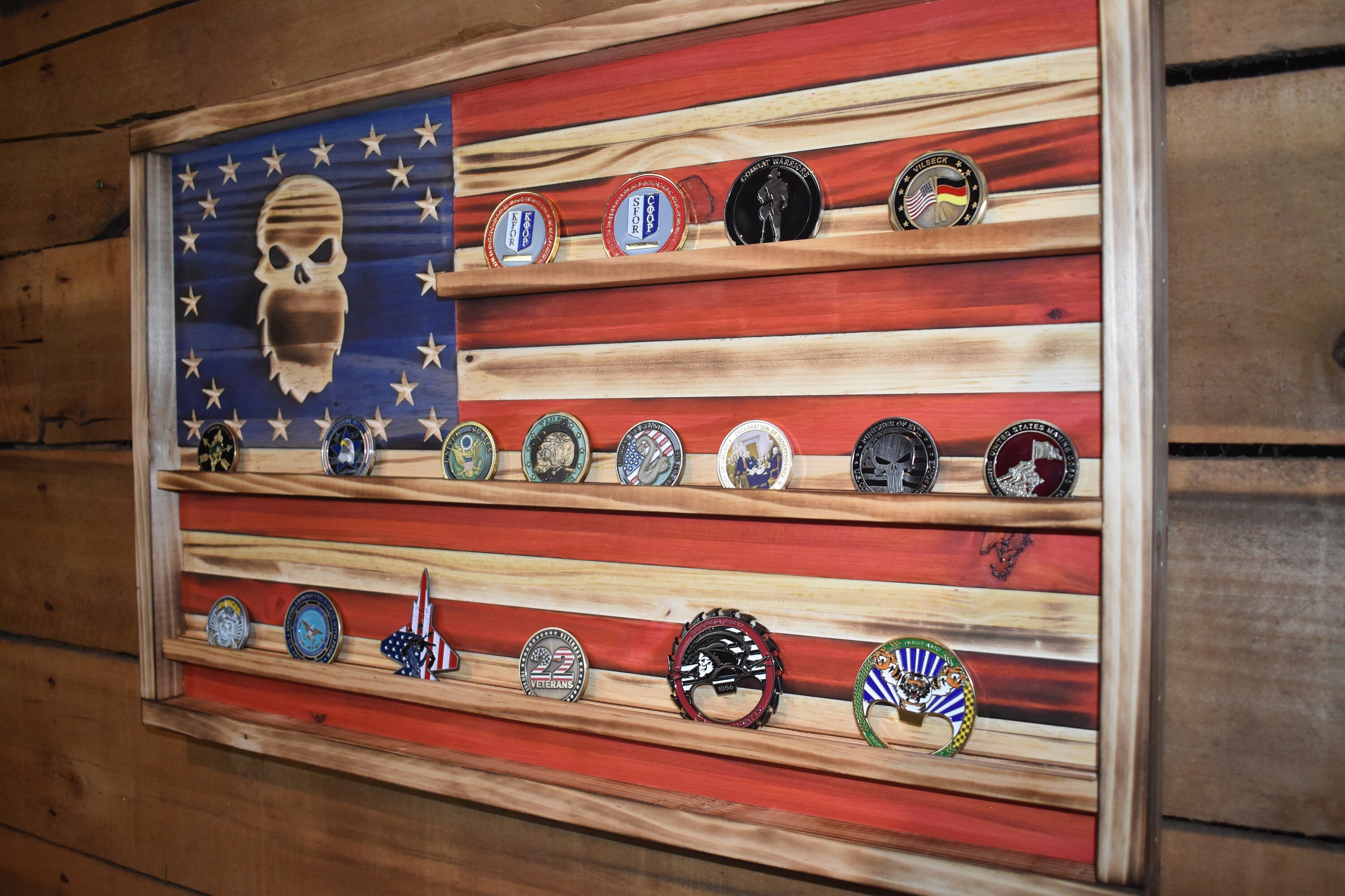 Special Forces Challenge Coin Display Rack Holder - Rustic American Flag - Military Bearded Skull Coin Display
