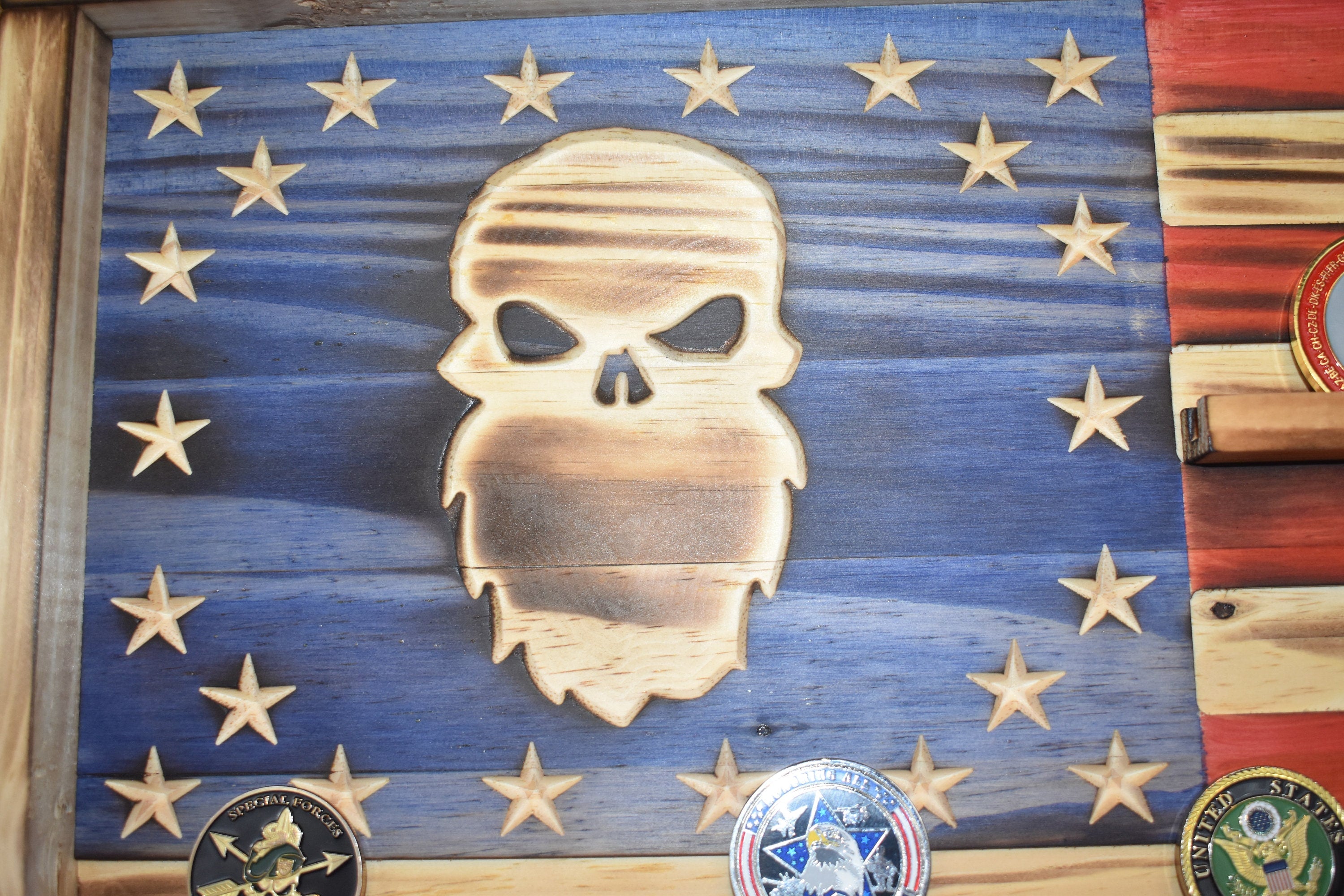 Special Forces Challenge Coin Display Rack Holder - Rustic American Flag - Military Bearded Skull Coin Display
