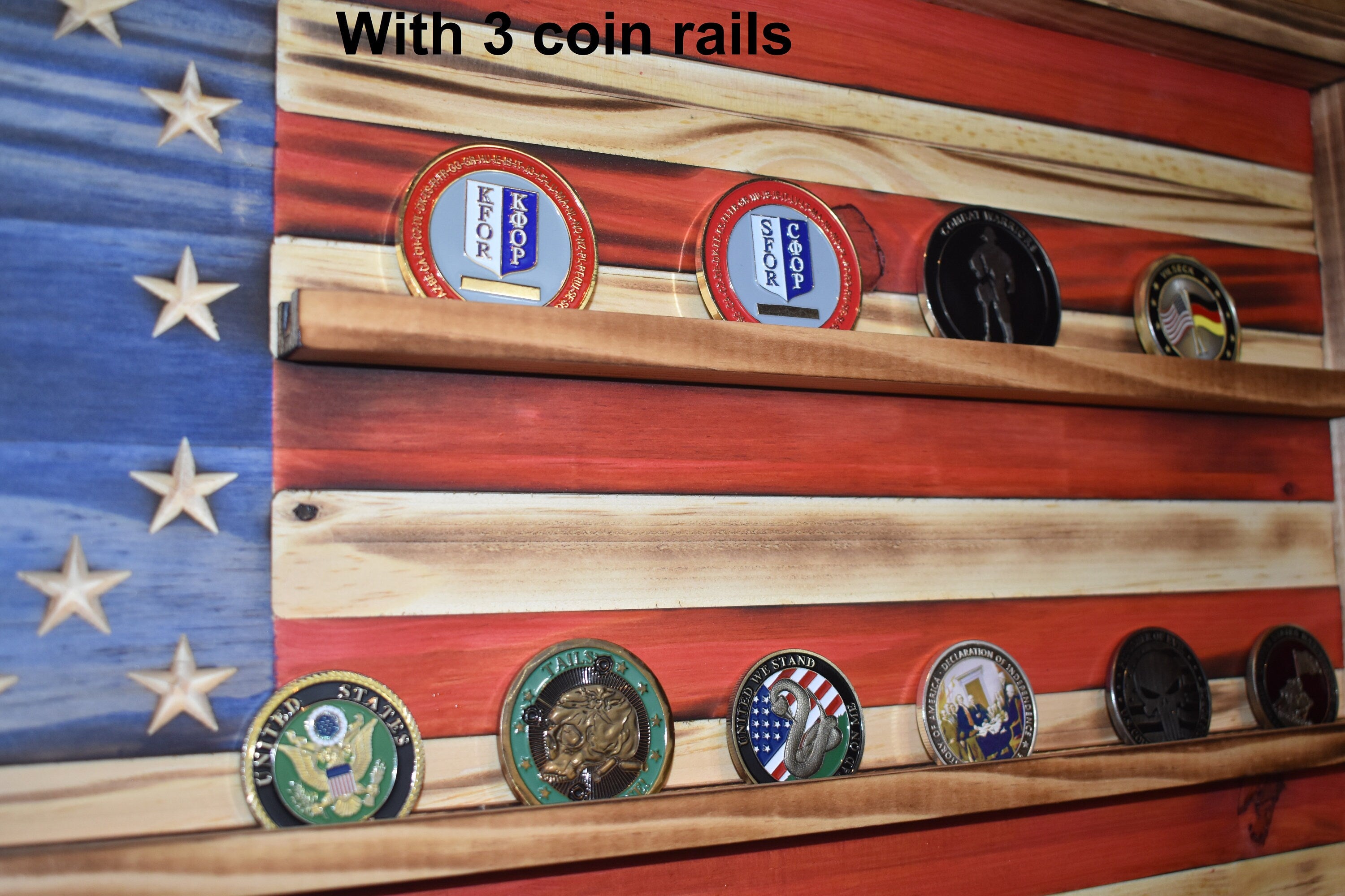 Special Forces Challenge Coin Display Rack Holder - Rustic American Flag - Military Bearded Skull Coin Display