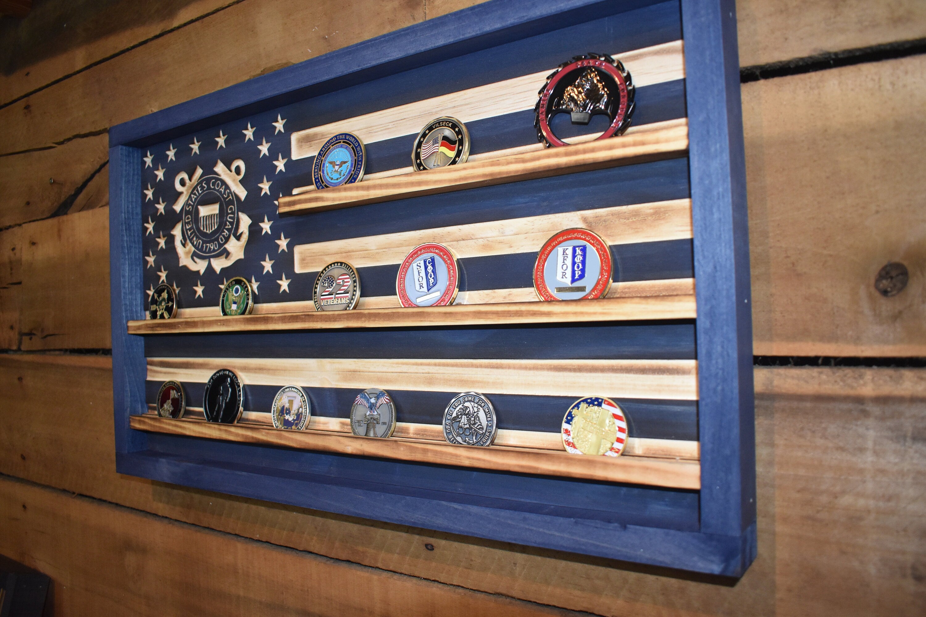 US Coast Guard Challenge Coin Display Rack Holder - Navy Blue Rustic Coast Guard American Flag - Military Coin Display