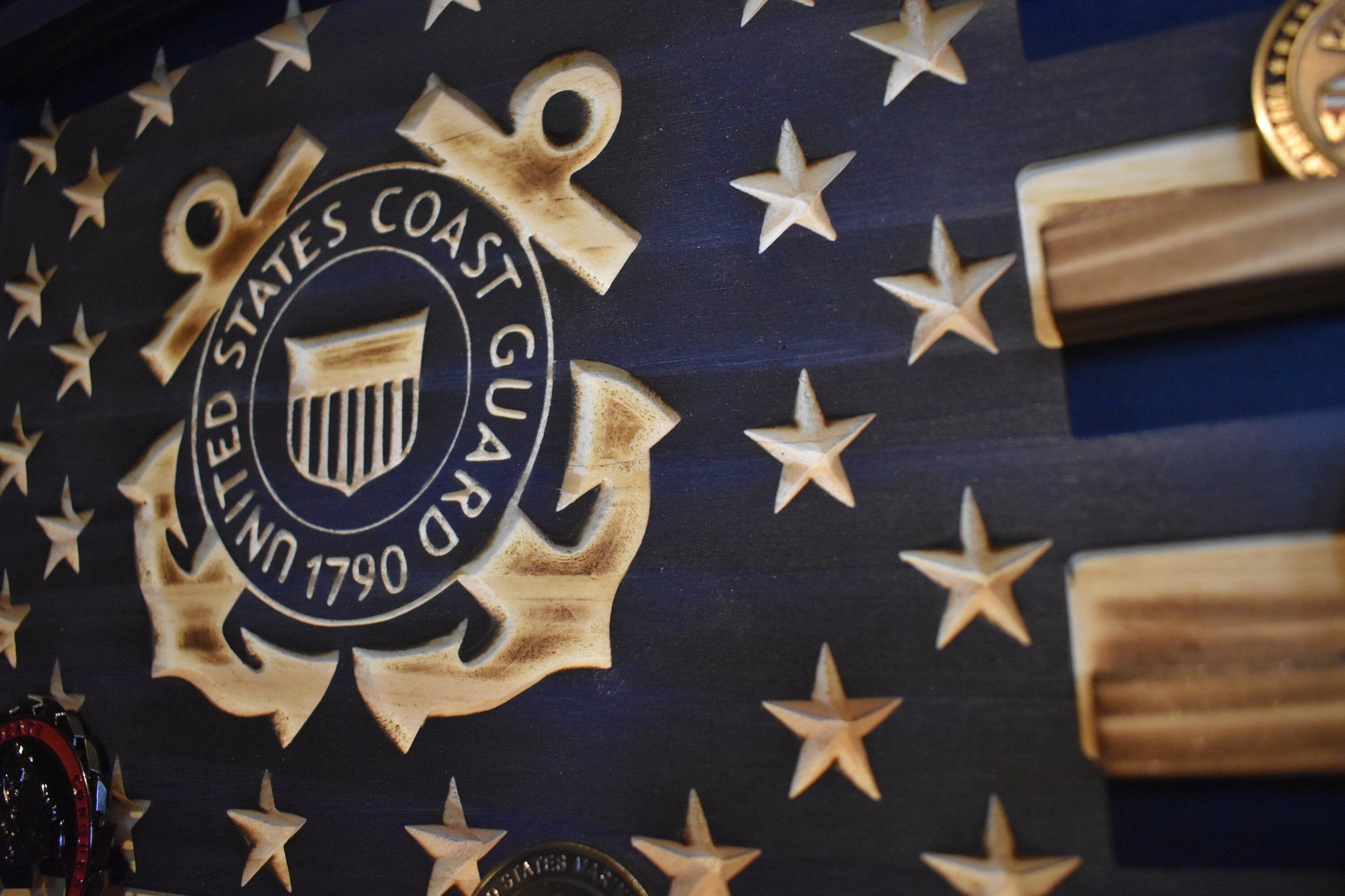 US Coast Guard Challenge Coin Display Rack Holder - Navy Blue Rustic Coast Guard American Flag - Military Coin Display
