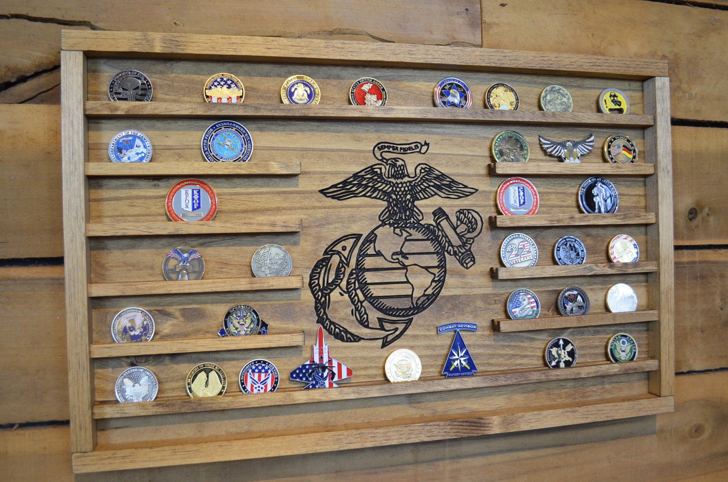 Medium Challenge Coin Display Rack Holder - Marines Rustic American Flag - Military Coin Display