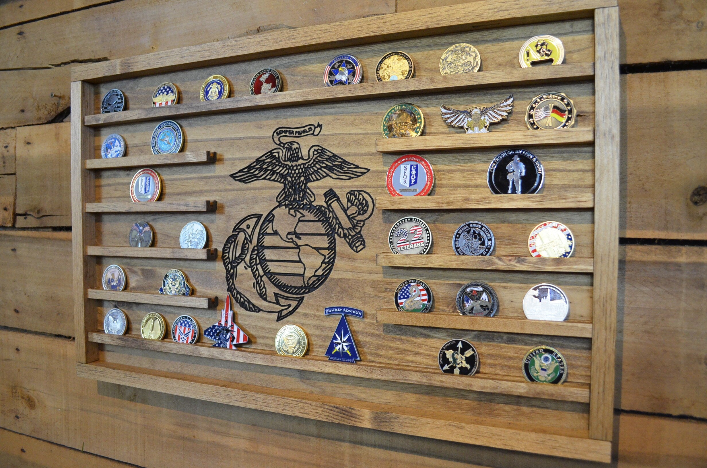 Medium Challenge Coin Display Rack Holder - Marines Rustic American Flag - Military Coin Display