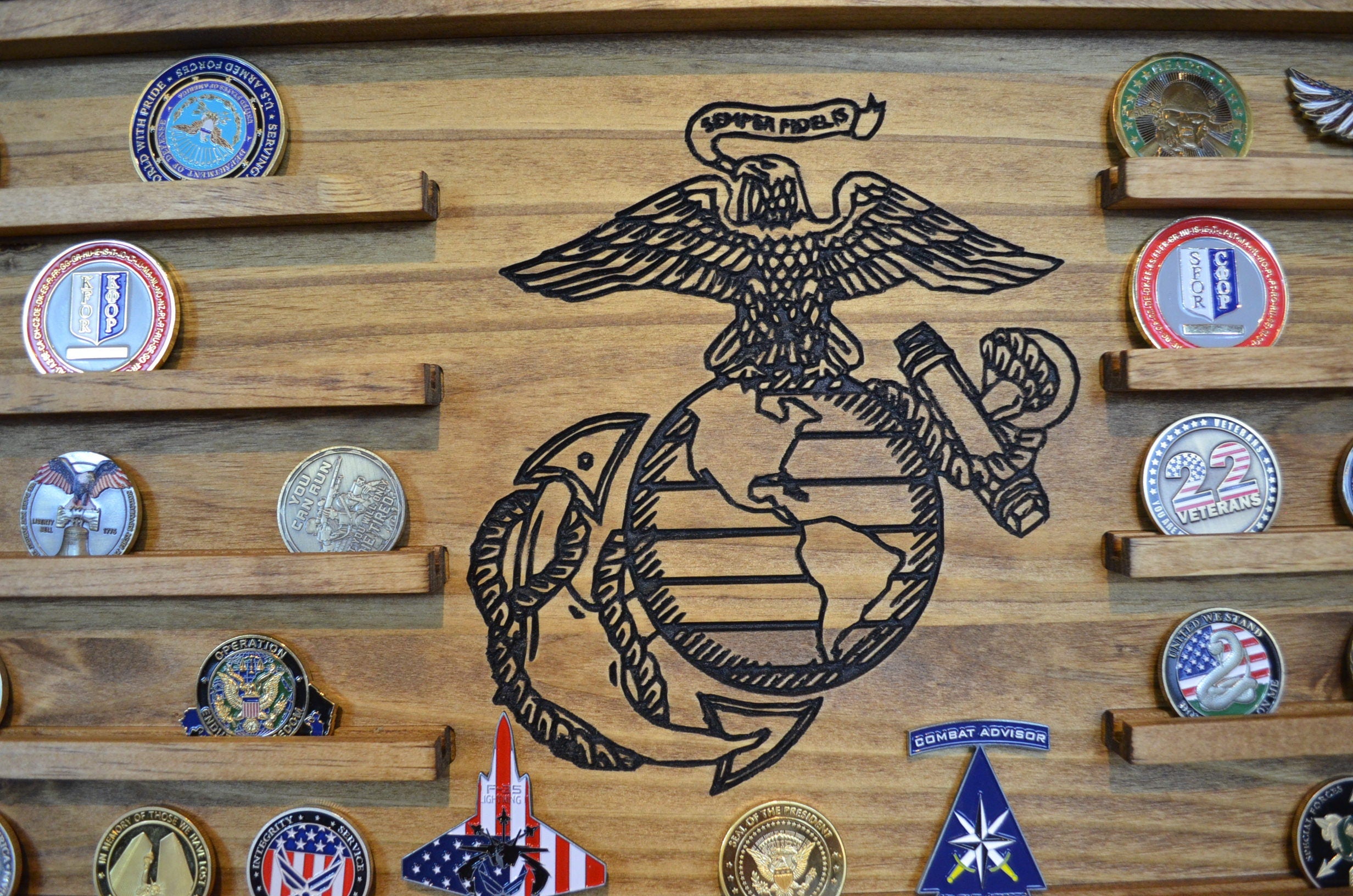 Large USMC Challenge Coin Display Rack Holder - Marines Rustic American Flag - US Marine Corps Coin Display