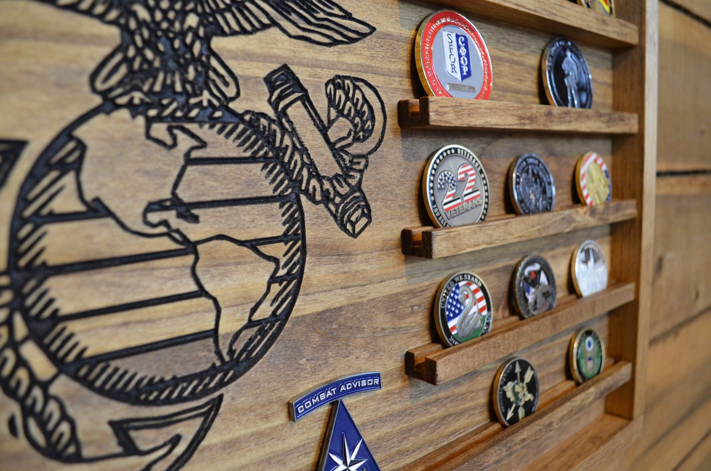 Medium Challenge Coin Display Rack Holder - Marines Rustic American Flag - Military Coin Display