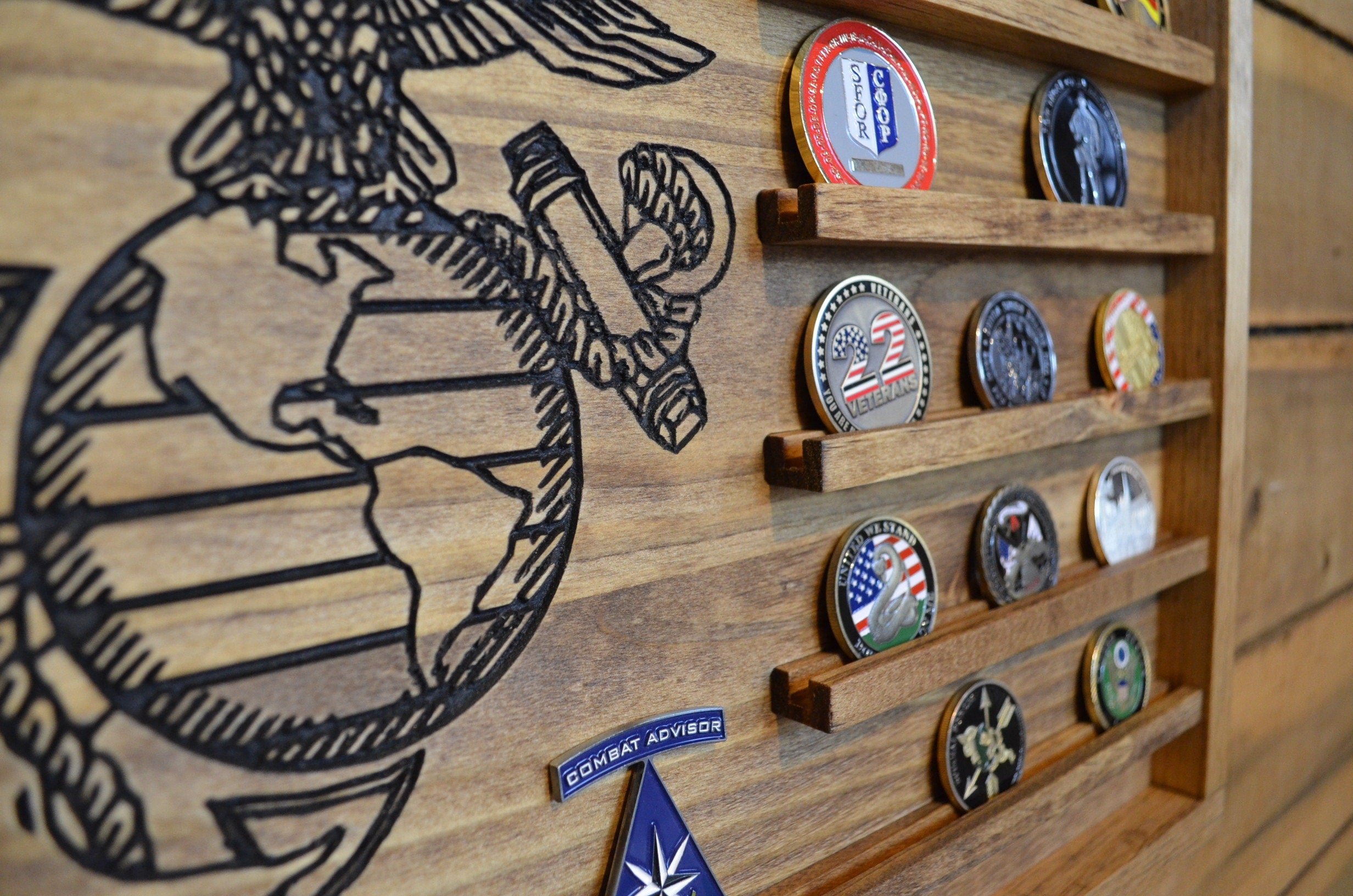 Large USMC Challenge Coin Display Rack Holder - Marines Rustic America ...