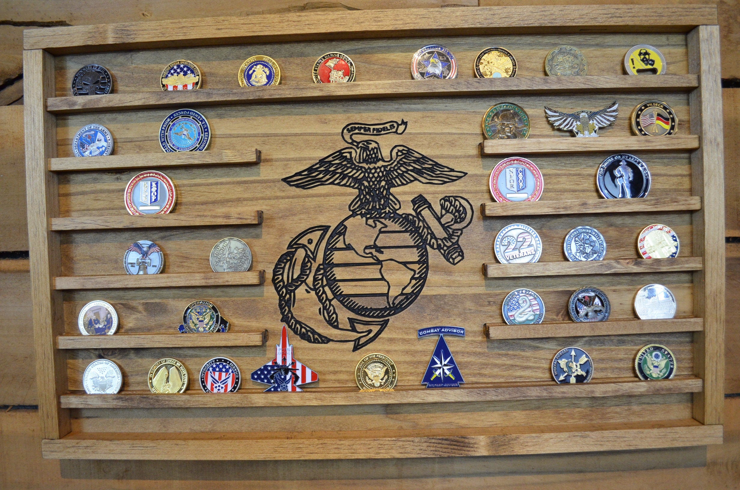 Large USMC Challenge Coin Display Rack Holder - Marines Rustic American Flag - US Marine Corps Coin Display