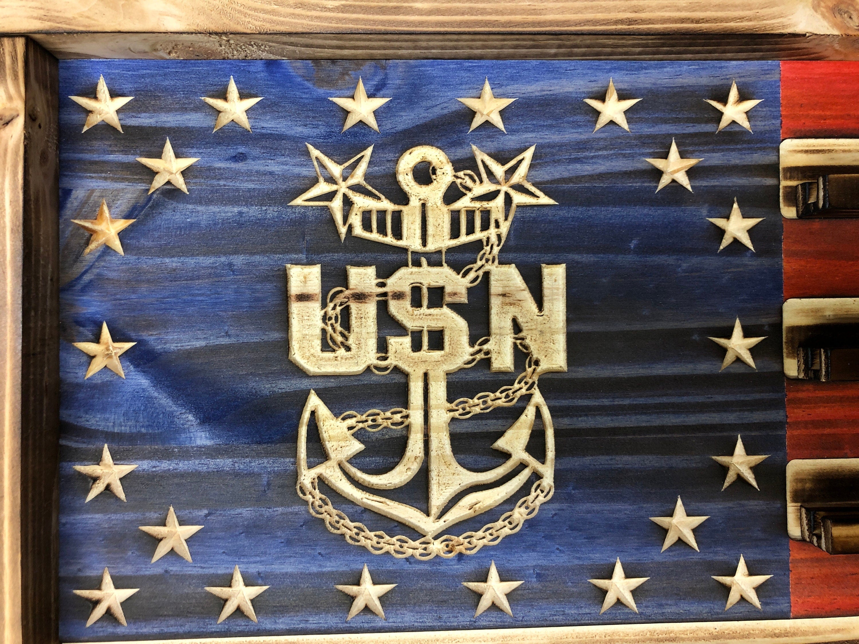 US Navy Chief Challenge Coin Display Rack Holder - Rustic Navy Chief American Flag - US Military Coin Display