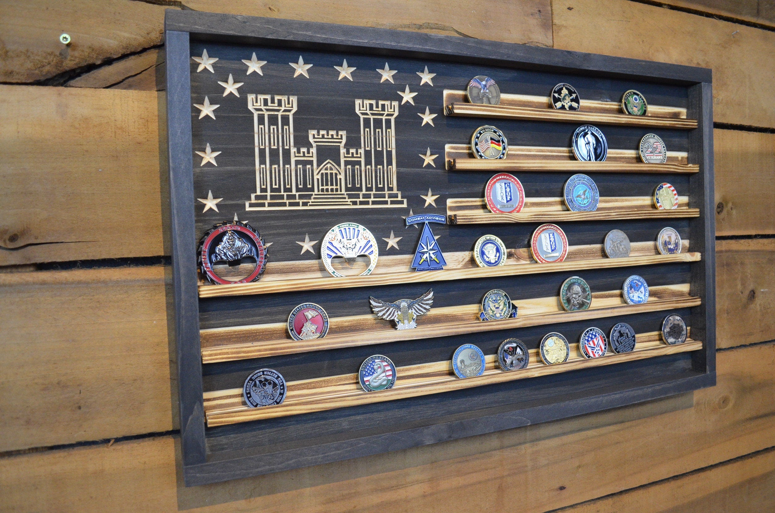 US Army Corps of Engineers Castle Challenge Coin Display Rack Holder - Rustic Army Engineer Castle American Flag - Military Coin Display