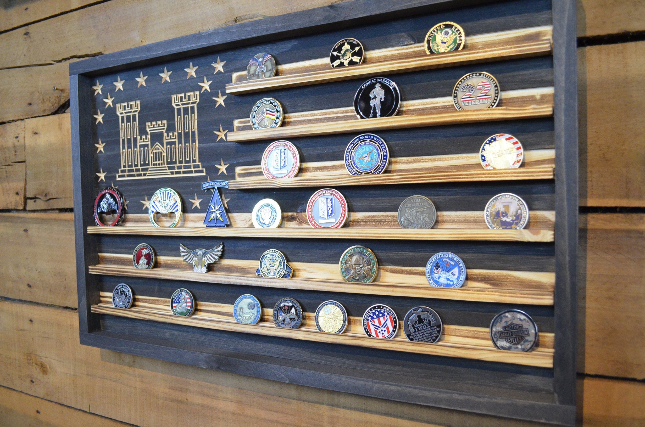 US Army Corps of Engineers Castle Challenge Coin Display Rack Holder - Rustic Army Engineer Castle American Flag - Military Coin Display