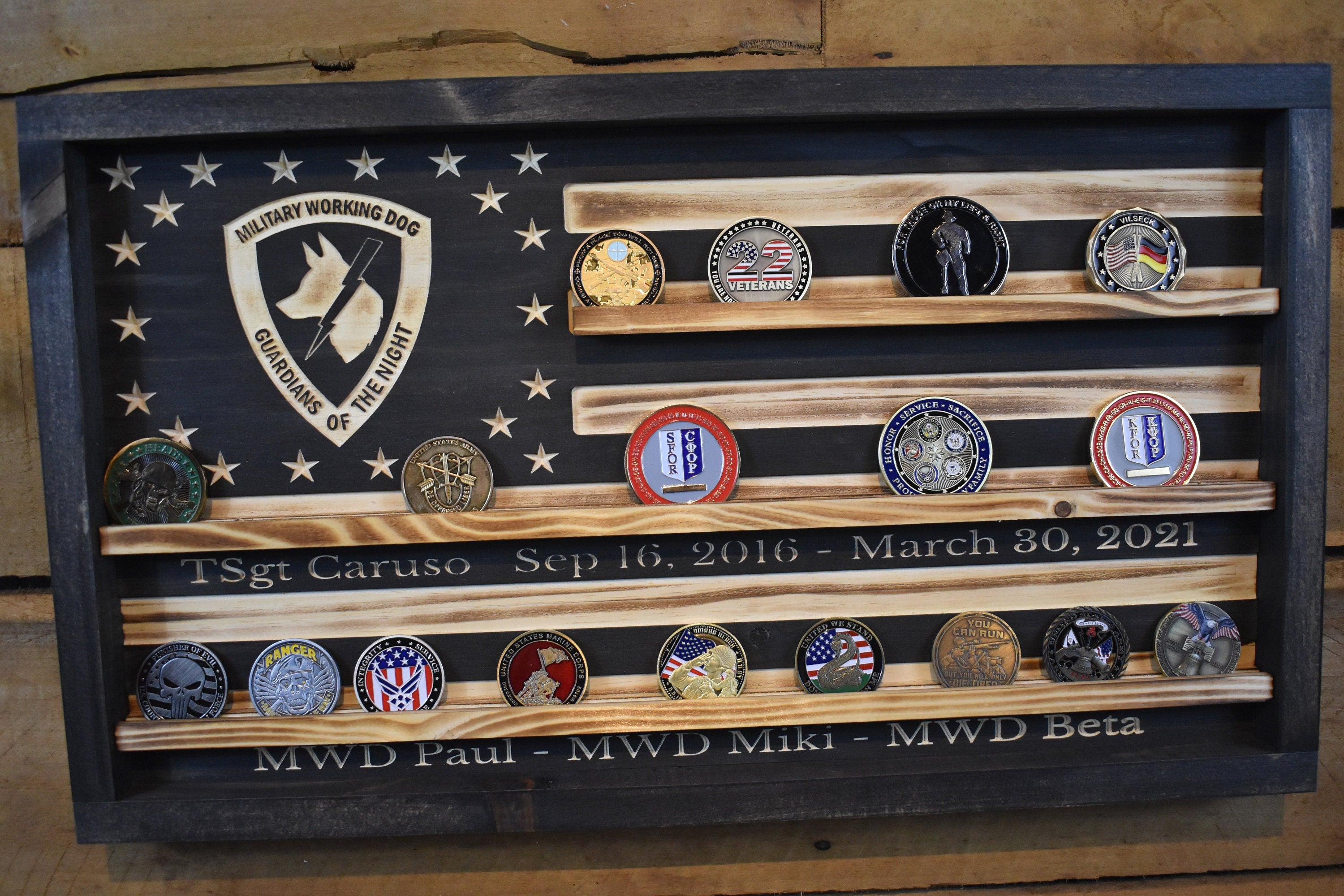 US Military Working Dog Challenge Coin Display Rack Holder - Rustic K9 Working Dog American Flag - Military Coin Display
