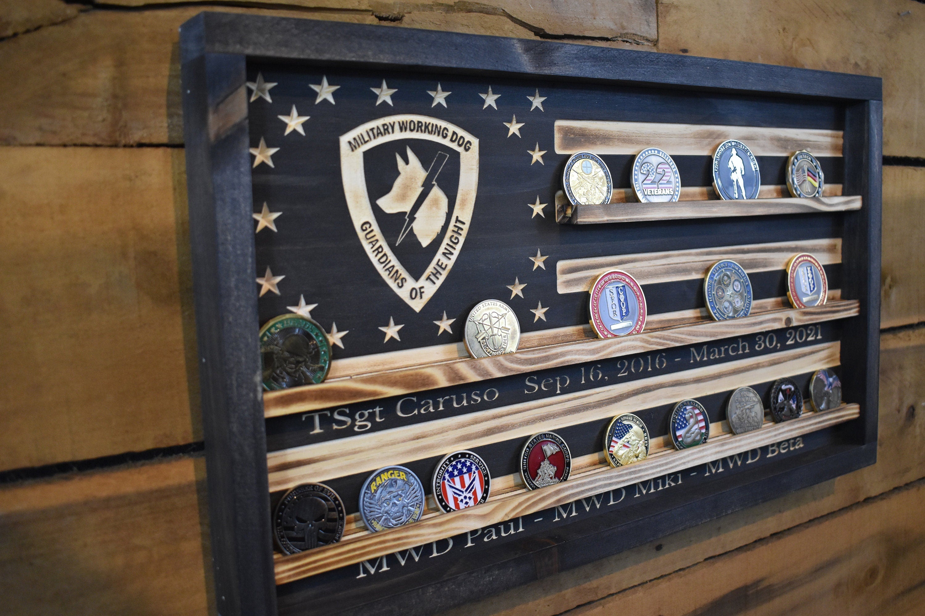 US Military Working Dog Challenge Coin Display Rack Holder - Rustic K9 Working Dog American Flag - Military Coin Display