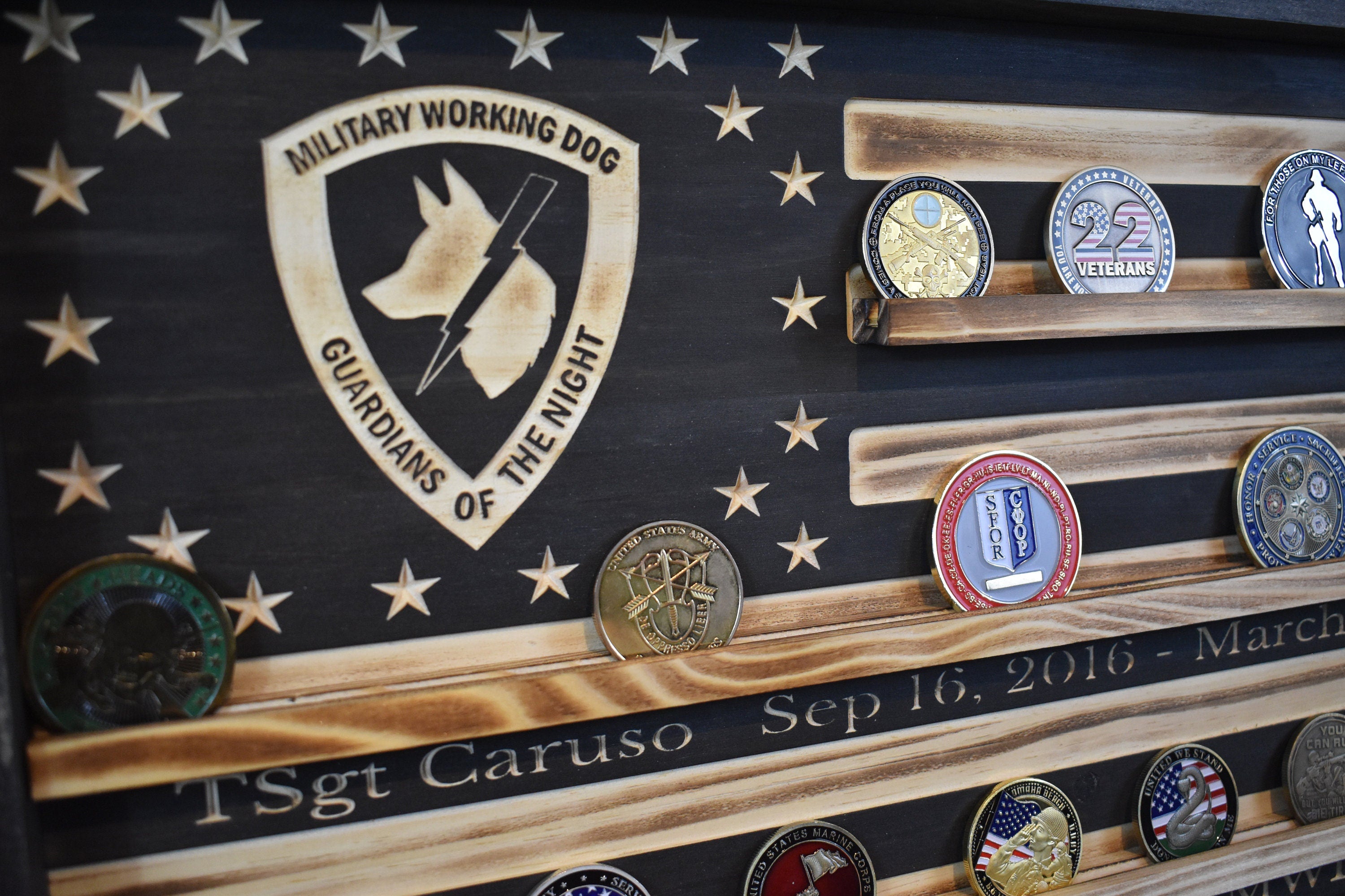 US Military Working Dog Challenge Coin Display Rack Holder - Rustic K9 Working Dog American Flag - Military Coin Display